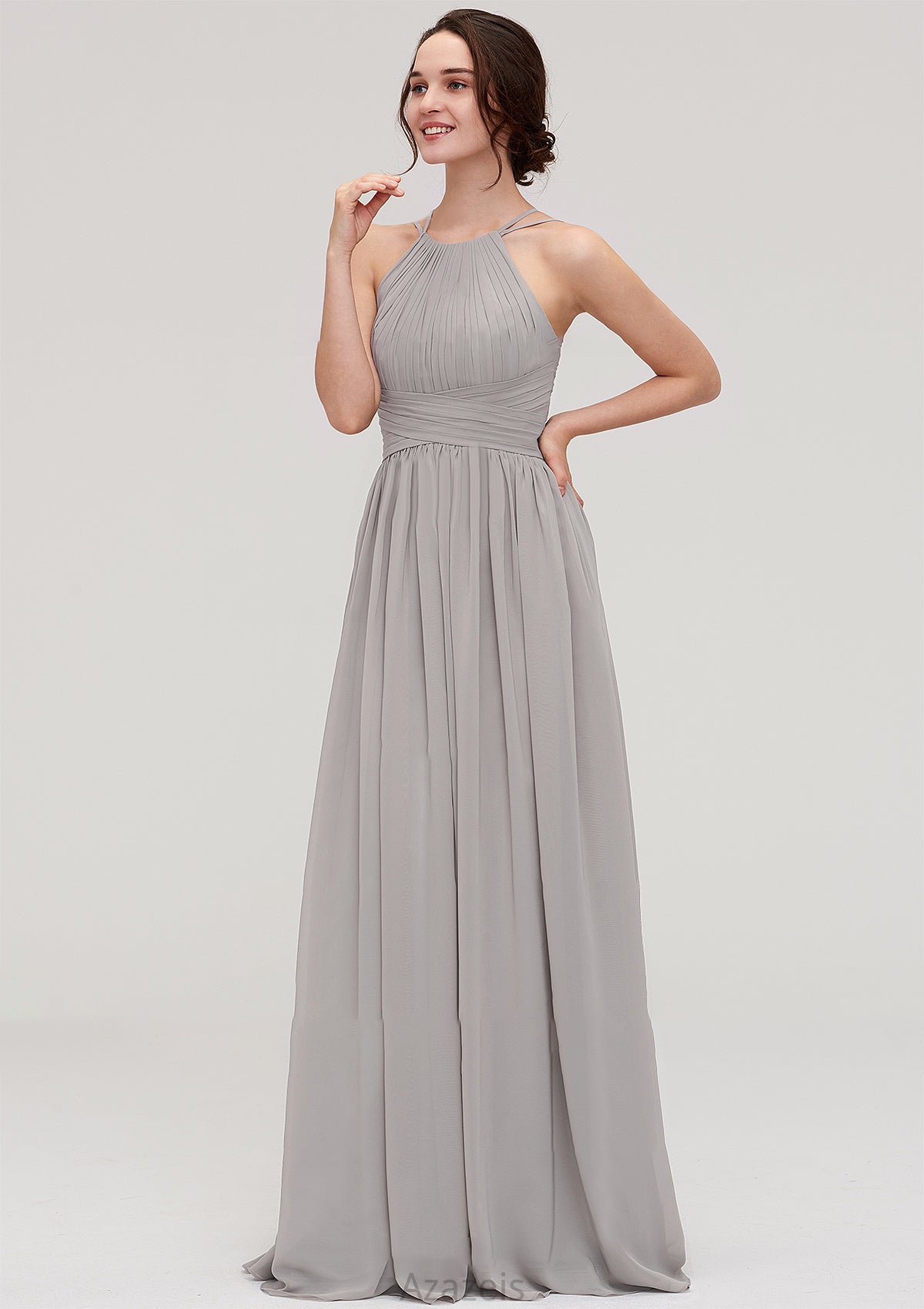 Halter Sleeveless A-line/Princess Long/Floor-Length Chiffon Bridesmaid Dresses With Pleated Jessie DFP0025462