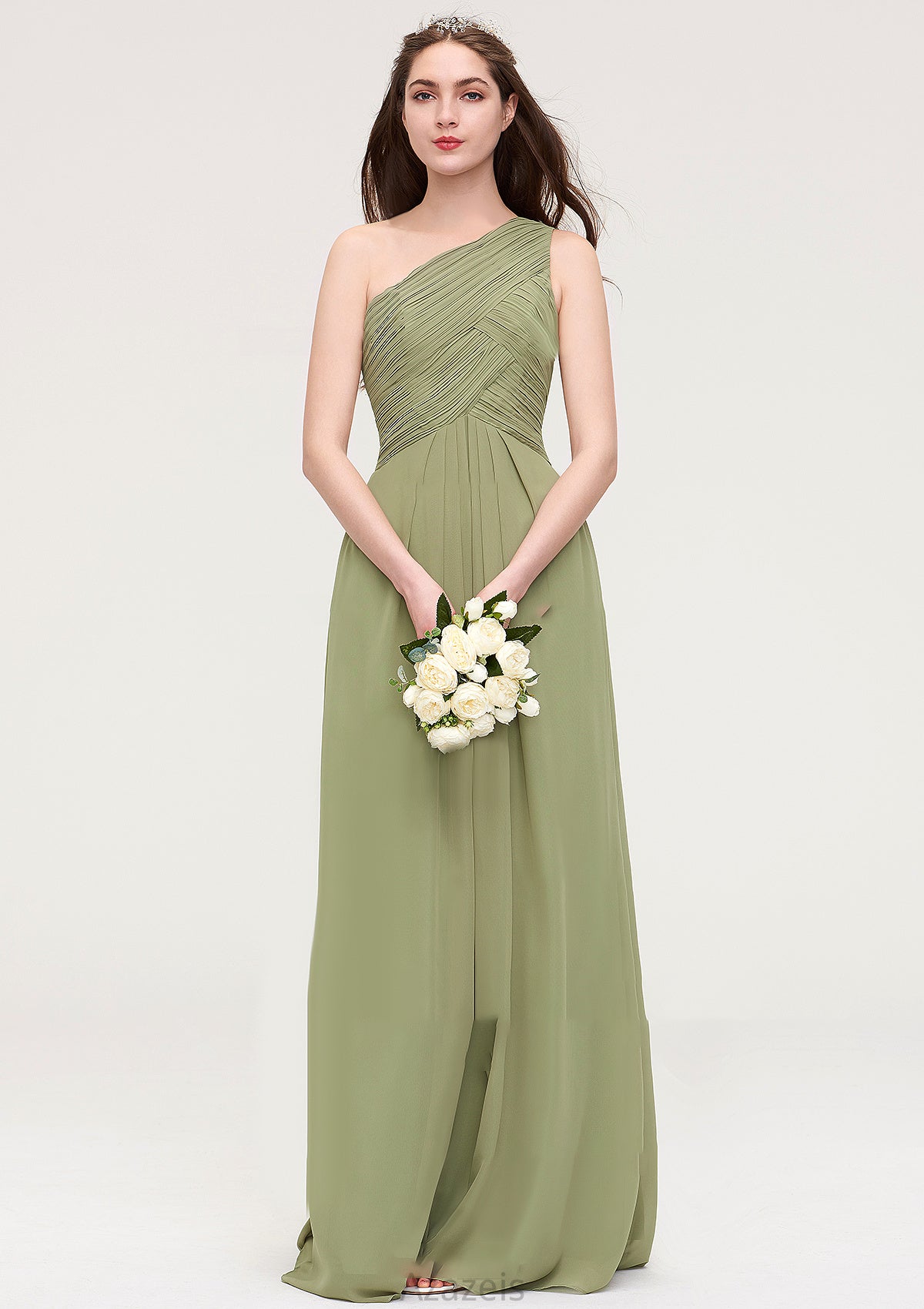 Sleeveless One-Shoulder Long/Floor-Length Chiffon A-line/Princess Bridesmaid Dresses With Pleated Coral DFP0025463