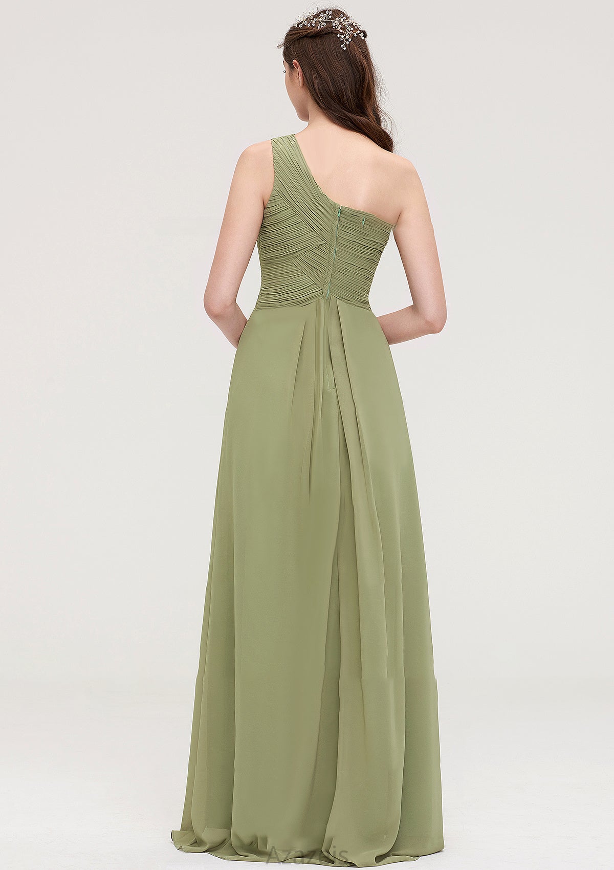 Sleeveless One-Shoulder Long/Floor-Length Chiffon A-line/Princess Bridesmaid Dresses With Pleated Coral DFP0025463