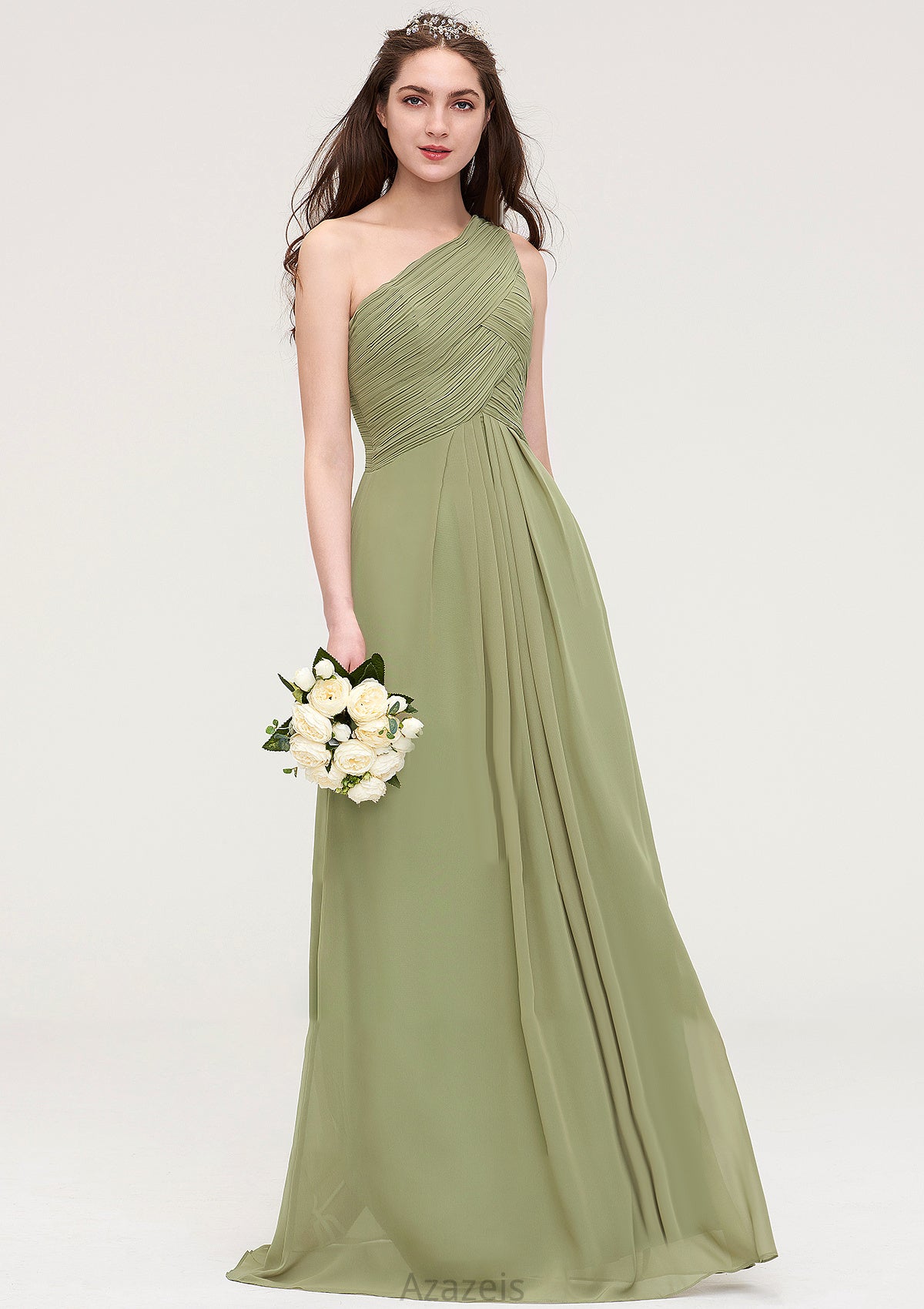 Sleeveless One-Shoulder Long/Floor-Length Chiffon A-line/Princess Bridesmaid Dresses With Pleated Coral DFP0025463