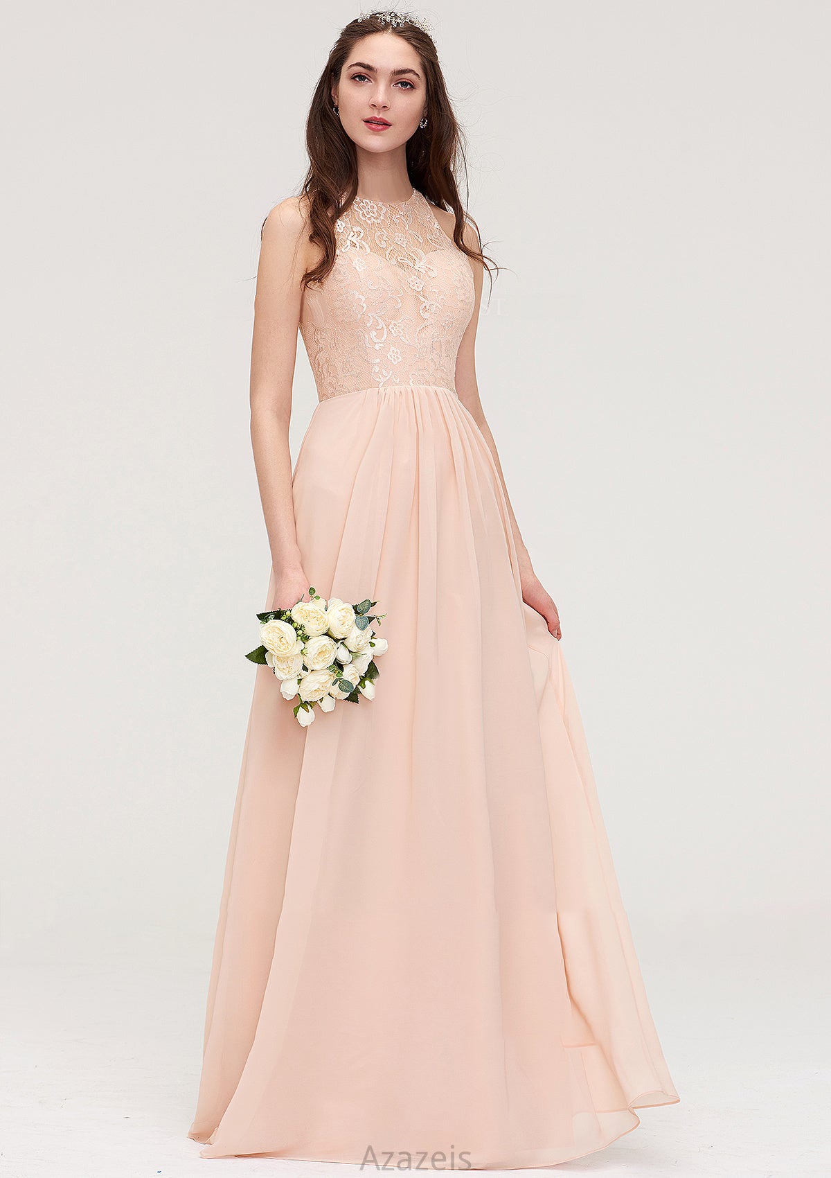 Bateau Sleeveless Long/Floor-Length Chiffon A-line/Princess Bridesmaid Dresses With Lace Pleated Patti DFP0025464