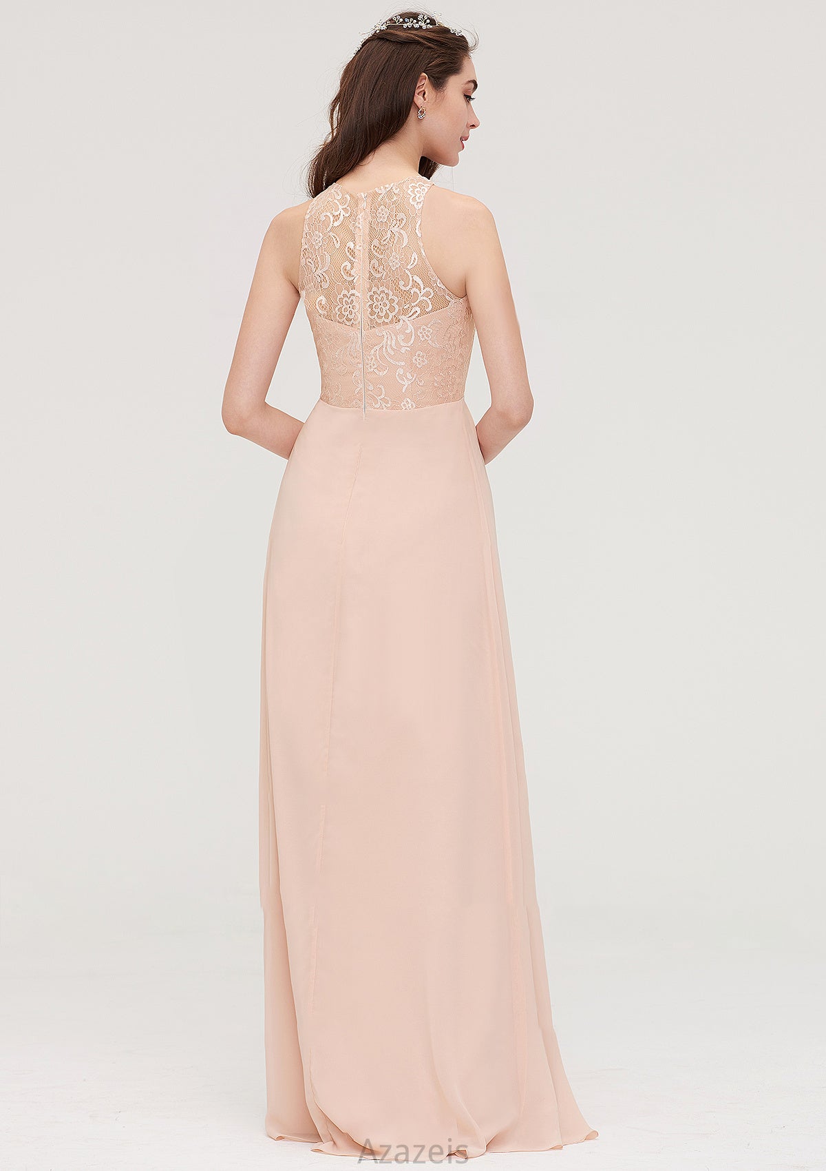 Bateau Sleeveless Long/Floor-Length Chiffon A-line/Princess Bridesmaid Dresses With Lace Pleated Patti DFP0025464