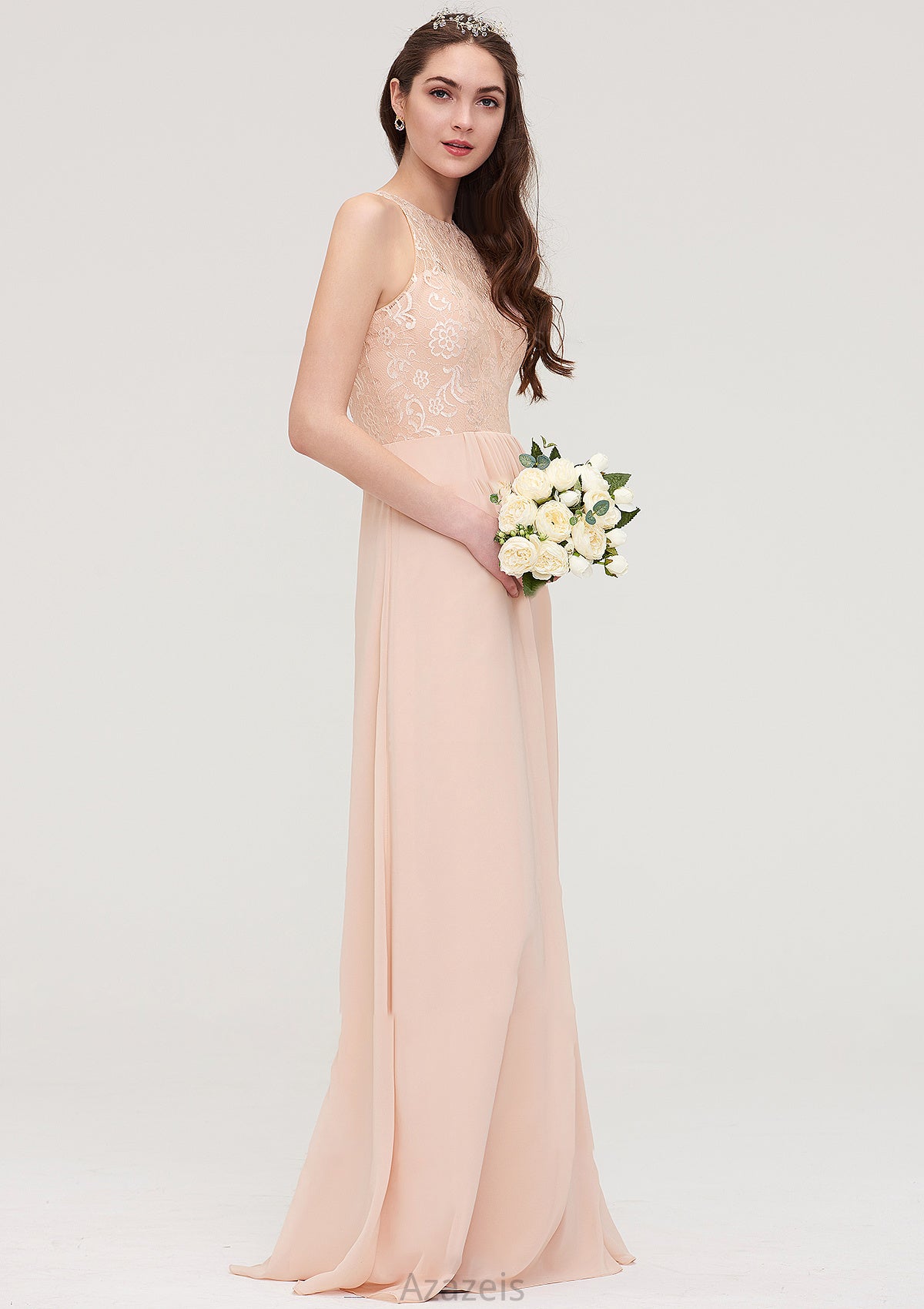 Bateau Sleeveless Long/Floor-Length Chiffon A-line/Princess Bridesmaid Dresses With Lace Pleated Patti DFP0025464