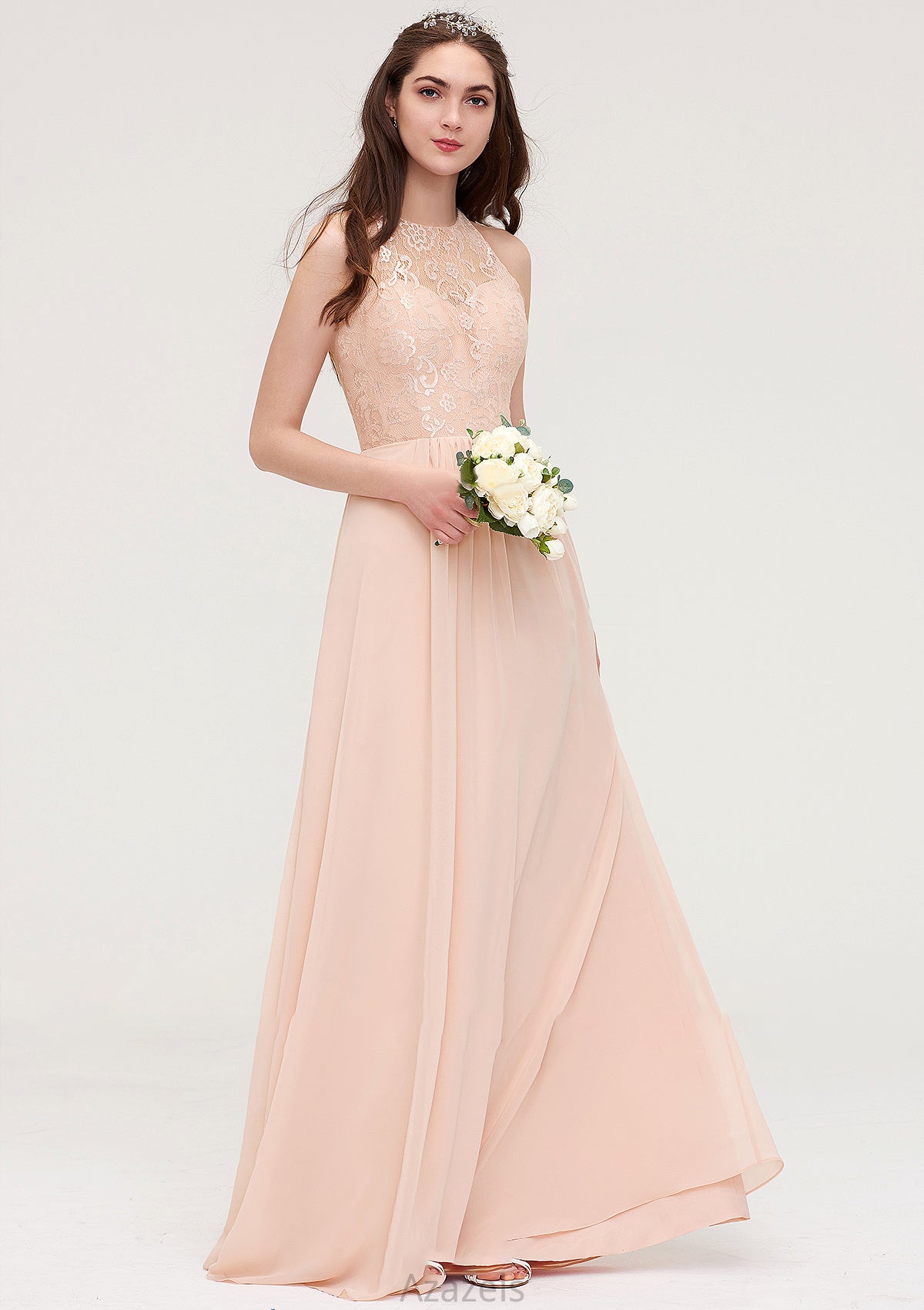 Bateau Sleeveless Long/Floor-Length Chiffon A-line/Princess Bridesmaid Dresses With Lace Pleated Patti DFP0025464