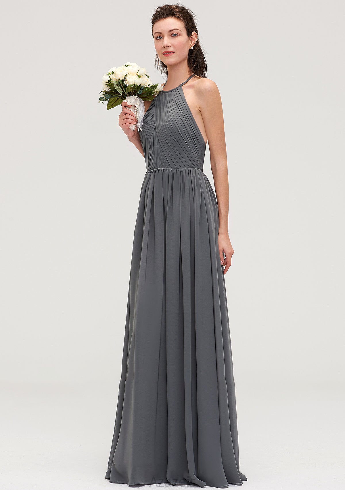 Sleeveless Halter Chiffon A-line/Princess Long/Floor-Length Bridesmaid Dresseses With Pleated Aliana DFP0025466