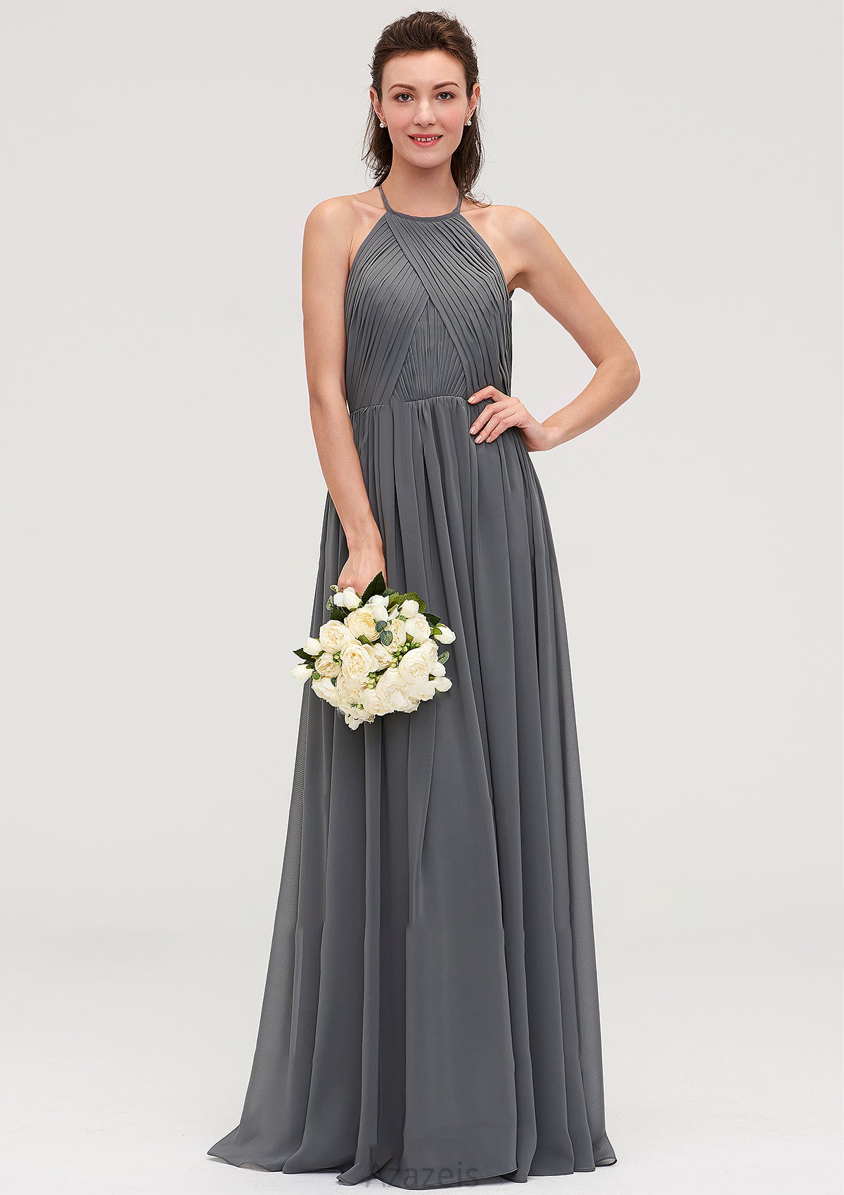 Sleeveless Halter Chiffon A-line/Princess Long/Floor-Length Bridesmaid Dresseses With Pleated Aliana DFP0025466