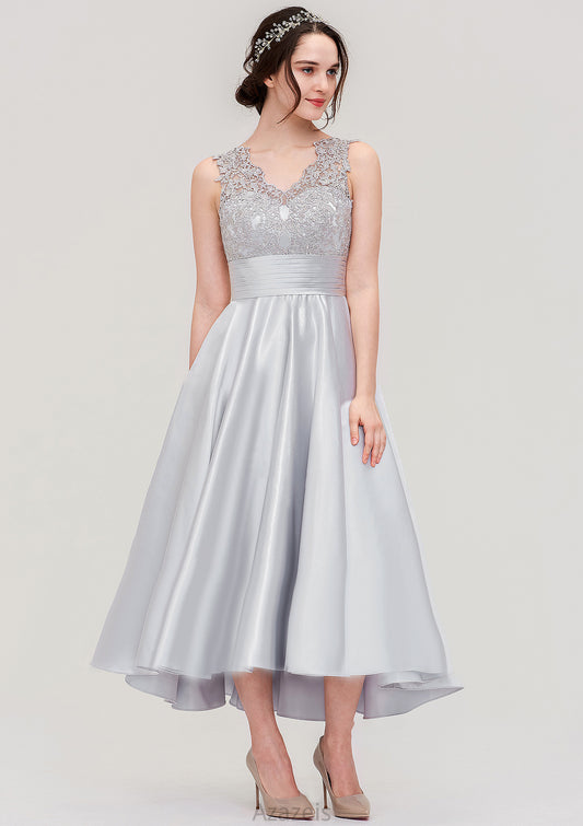 Sleeveless V Neck Asymmetrical Satin A-line/Princess Bridesmaid Dresses With Pleated Lace Fatima DFP0025468
