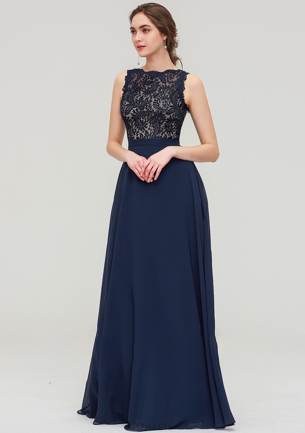 Sleeveless Bateau Long/Floor-Length  Chiffon A-line/Princess Bridesmaid Dresses With Sashes Lace Essence DFP0025471