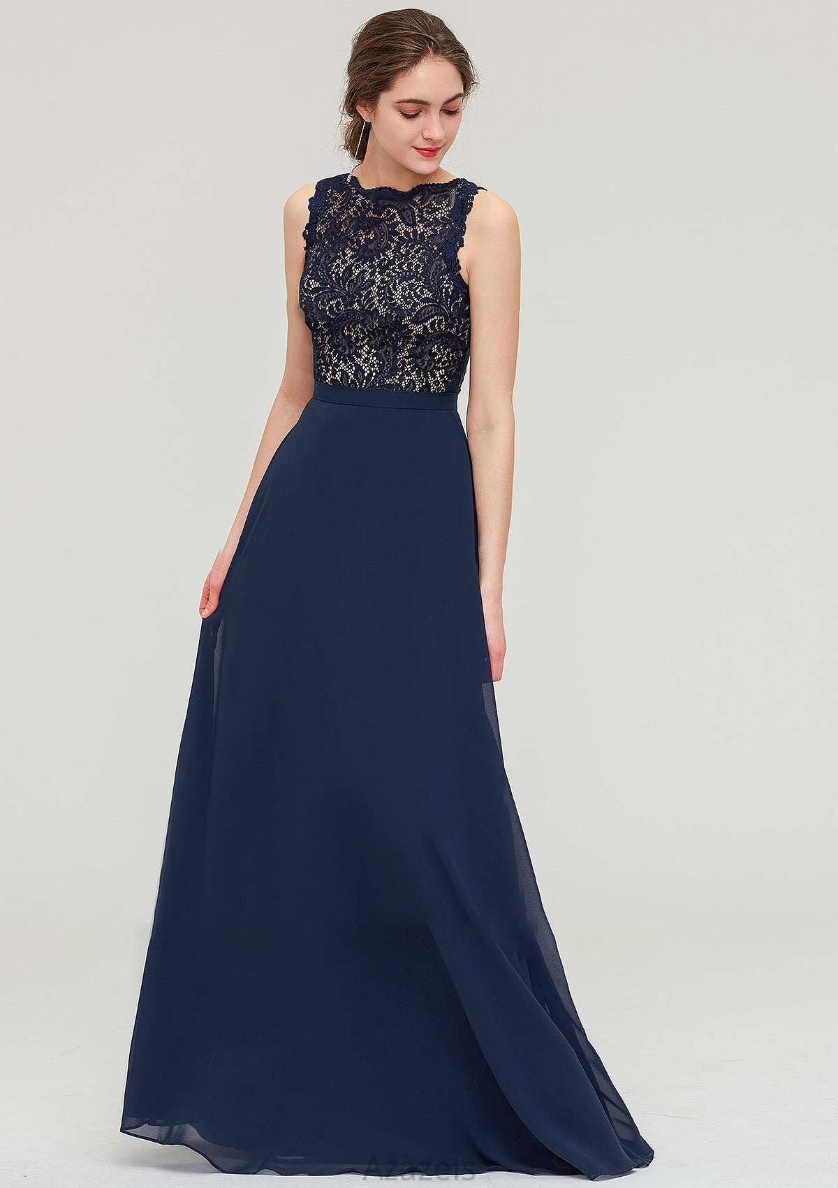 Sleeveless Bateau Long/Floor-Length  Chiffon A-line/Princess Bridesmaid Dresses With Sashes Lace Essence DFP0025471