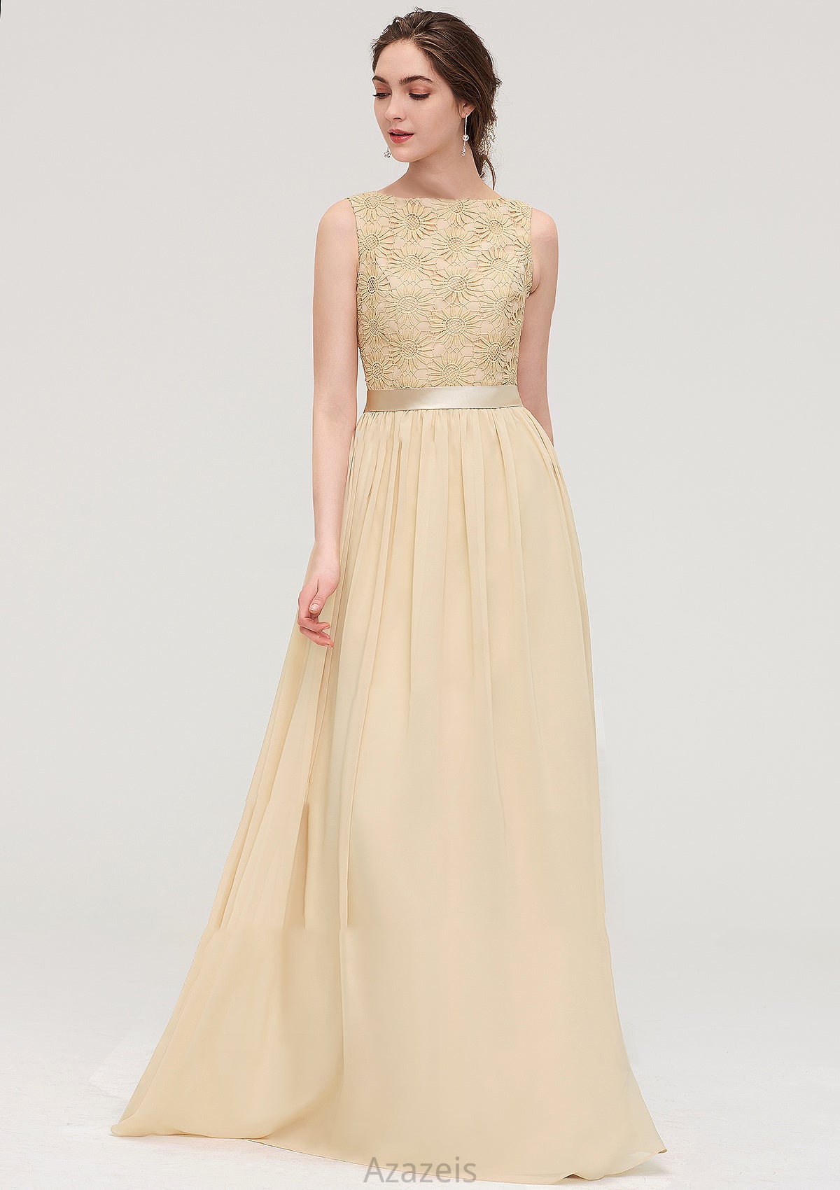 Bateau Sleeveless A-line/Princess Chiffon Long/Floor-Length Bridesmaid Dresses With Sashes Lace Mariela DFP0025472