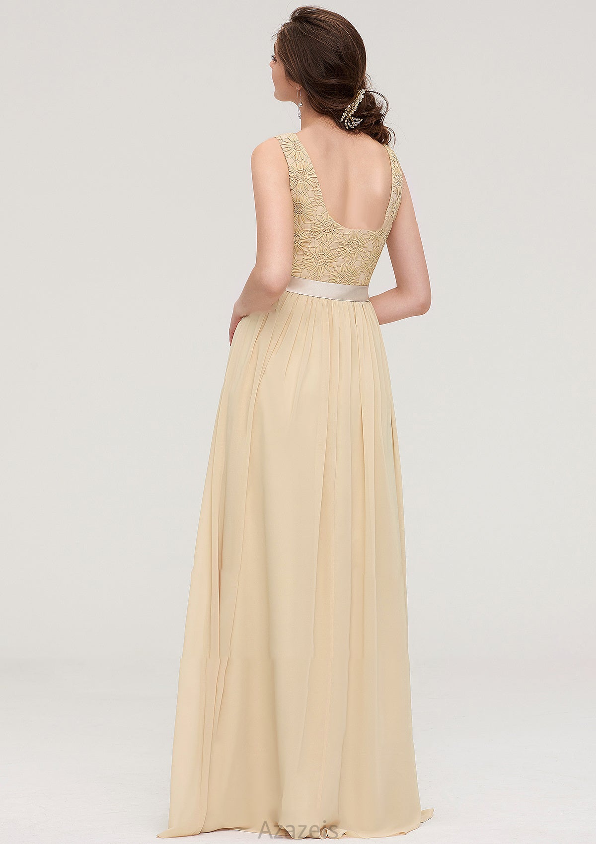 Bateau Sleeveless A-line/Princess Chiffon Long/Floor-Length Bridesmaid Dresses With Sashes Lace Mariela DFP0025472