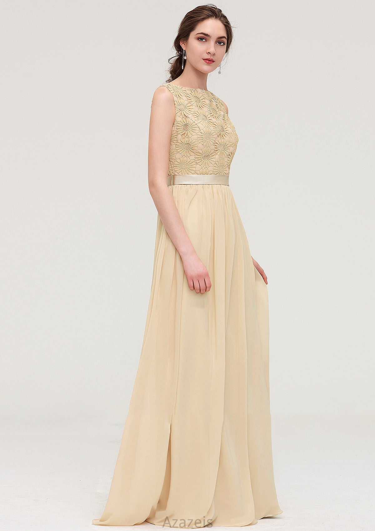 Bateau Sleeveless A-line/Princess Chiffon Long/Floor-Length Bridesmaid Dresses With Sashes Lace Mariela DFP0025472