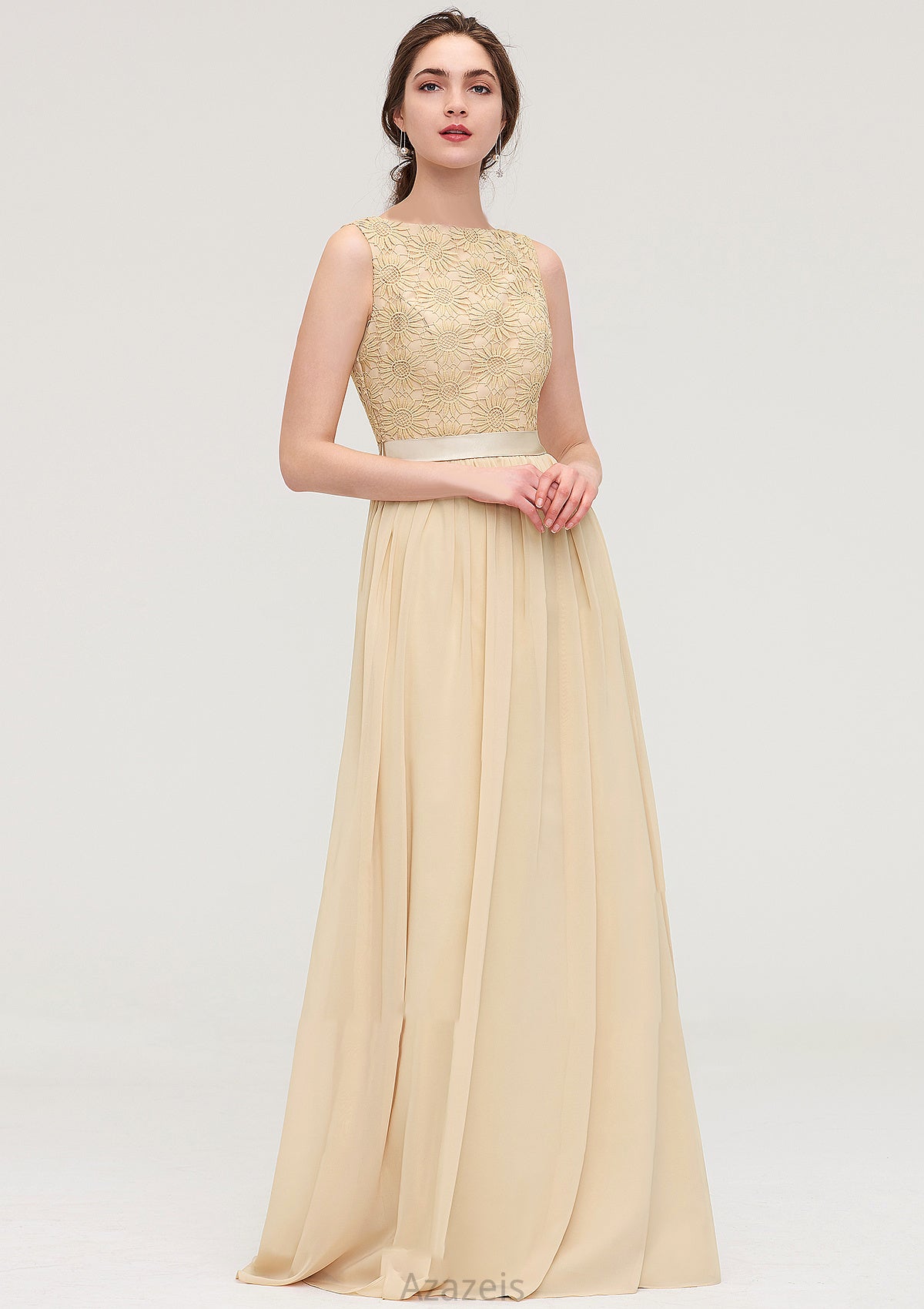 Bateau Sleeveless A-line/Princess Chiffon Long/Floor-Length Bridesmaid Dresses With Sashes Lace Mariela DFP0025472