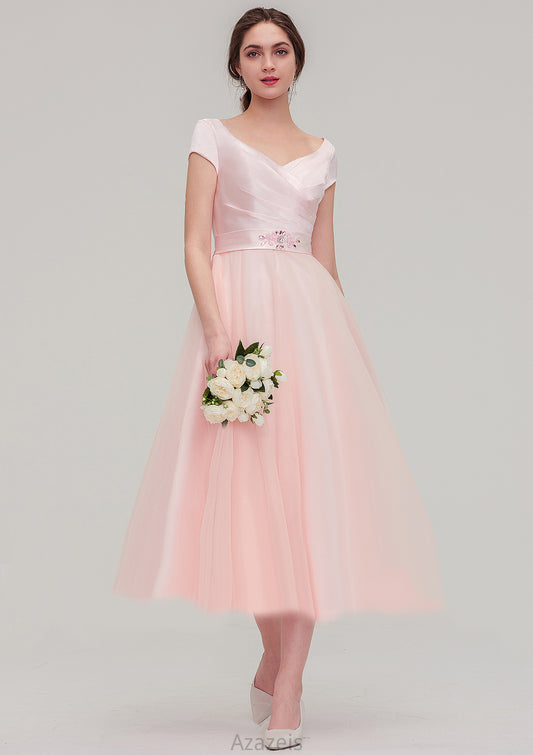 Sweetheart Short Sleeve Tea-Length Tulle A-line/Princess Bridesmaid Dresses With Waistband Beading Pleated Annie DFP0025473