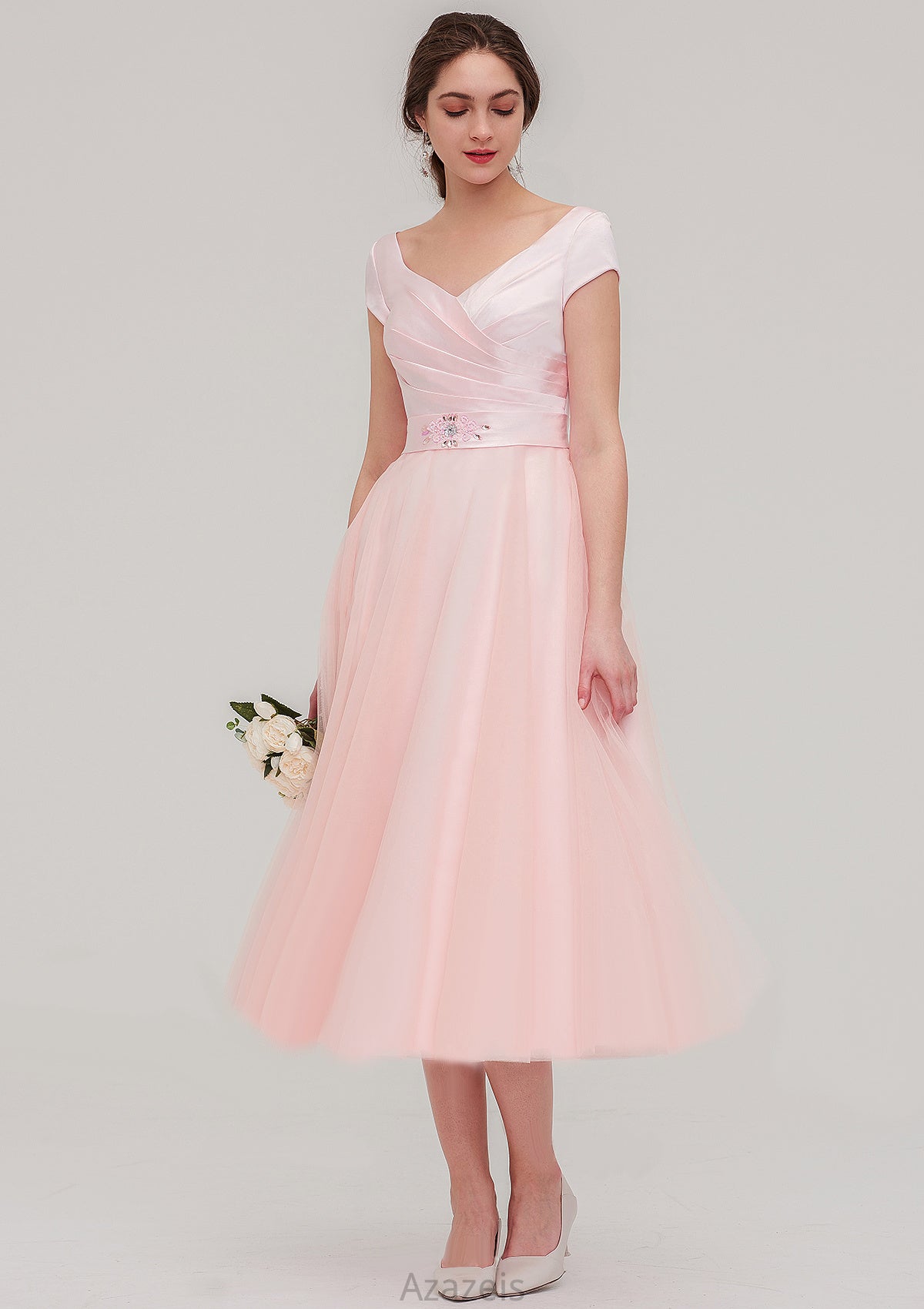 Sweetheart Short Sleeve Tea-Length Tulle A-line/Princess Bridesmaid Dresses With Waistband Beading Pleated Annie DFP0025473