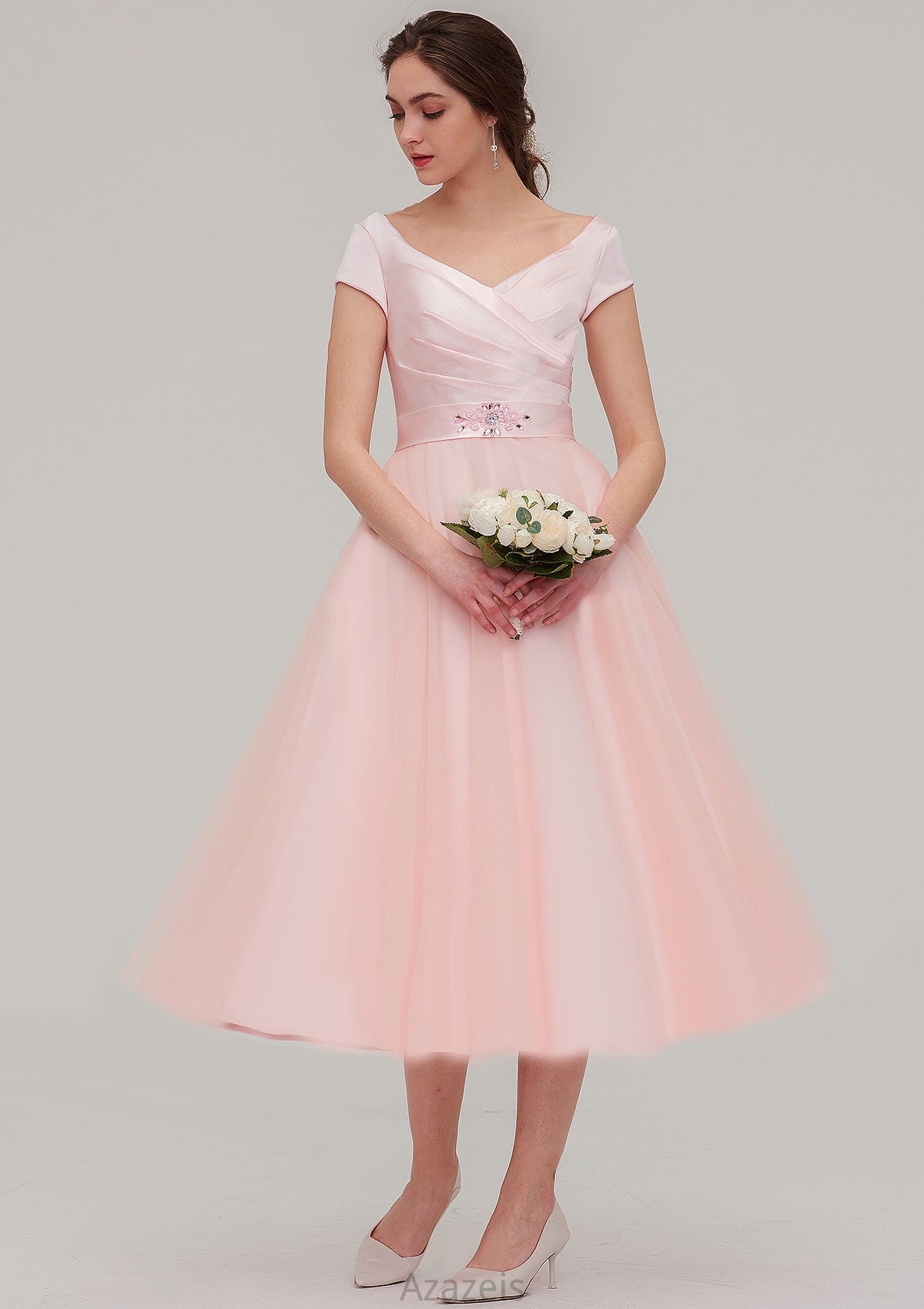 Sweetheart Short Sleeve Tea-Length Tulle A-line/Princess Bridesmaid Dresses With Waistband Beading Pleated Annie DFP0025473