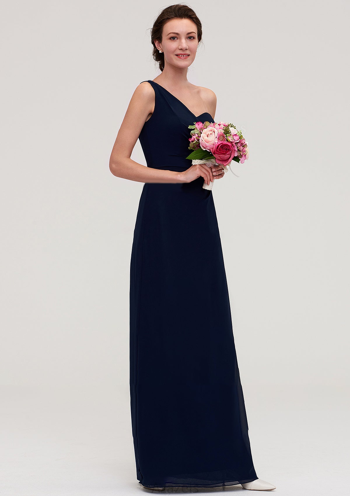 Sleeveless One-Shoulder A-line/Princess Chiffon Long/Floor-Length Bridesmaid Dresses With Pleated Deanna DFP0025475