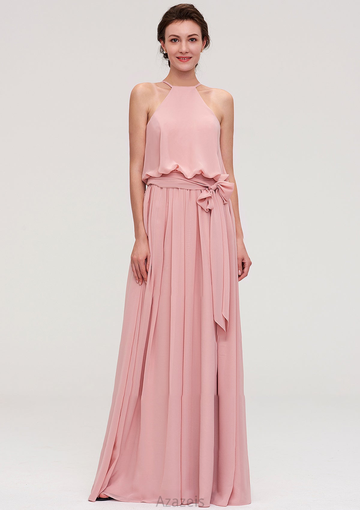 Sleeveless Scoop Neck A-line/Princess Chiffon Long/Floor-Length Bridesmaid Dresseses With Pleated Sashes Lucile DFP0025476