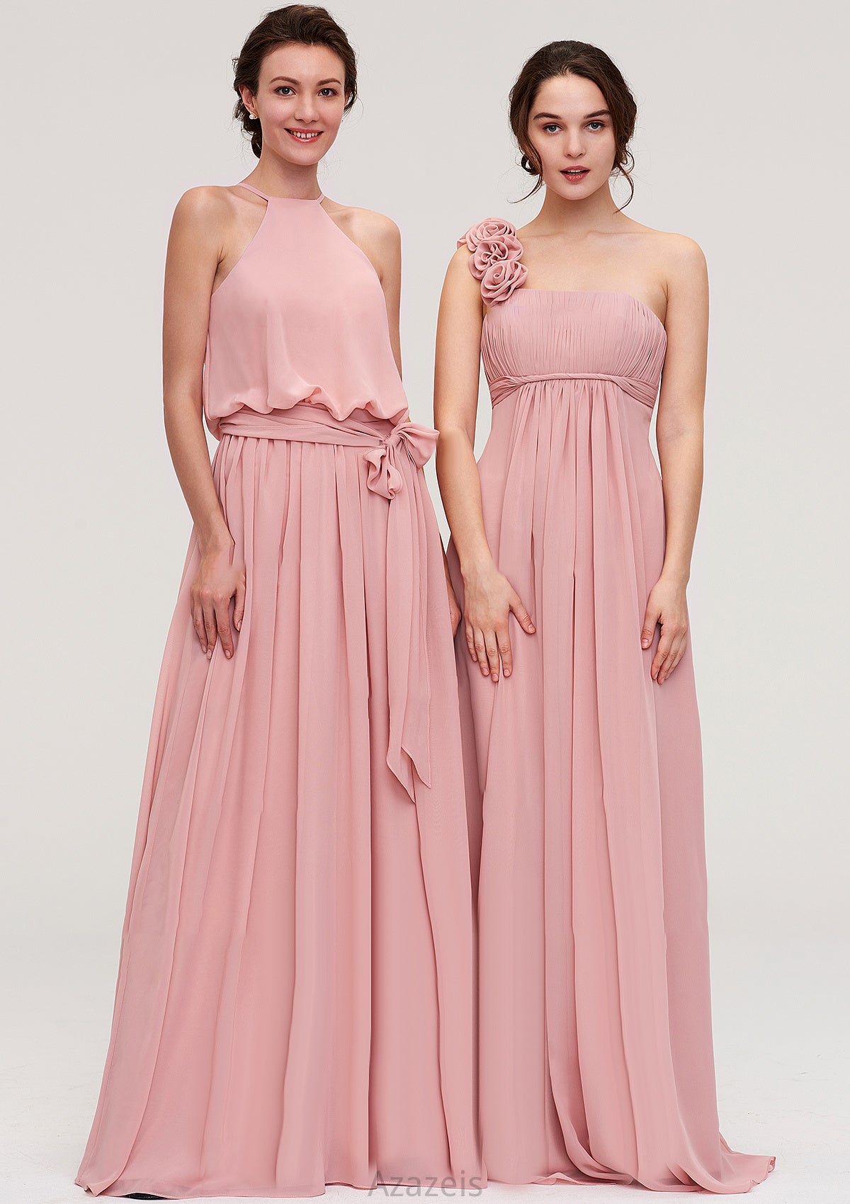 Sleeveless Scoop Neck A-line/Princess Chiffon Long/Floor-Length Bridesmaid Dresseses With Pleated Sashes Lucile DFP0025476