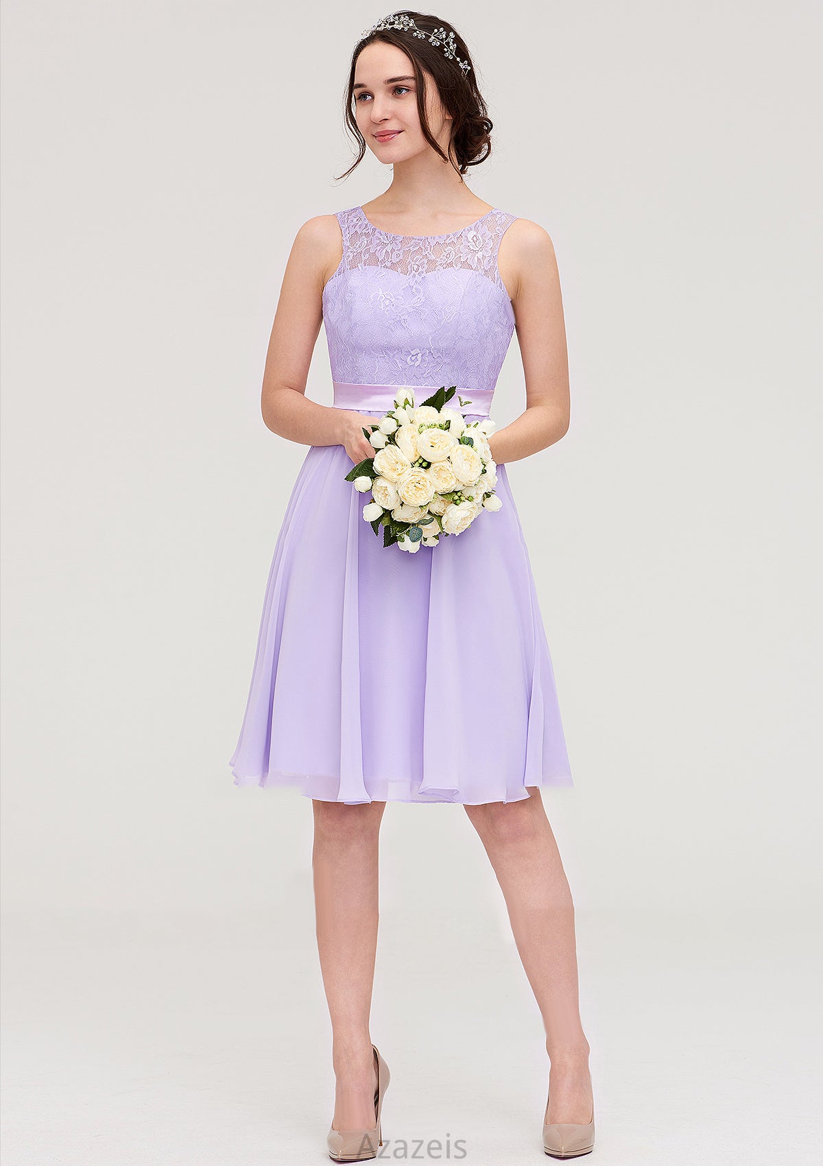 Sleeveless Knee-Length Chiffon A-line/Princess Bridesmaid Dresses With Sashes Lace Cassandra DFP0025481