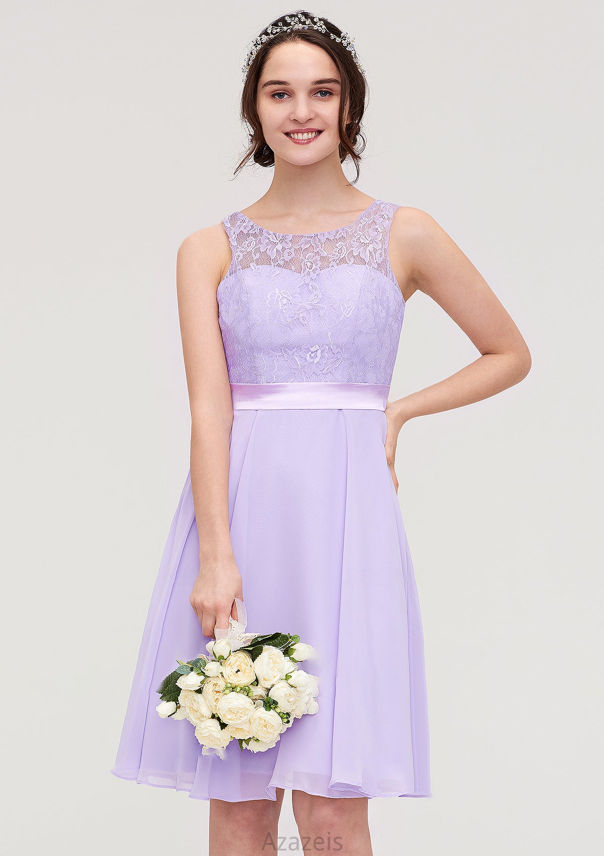 Sleeveless Knee-Length Chiffon A-line/Princess Bridesmaid Dresses With Sashes Lace Cassandra DFP0025481