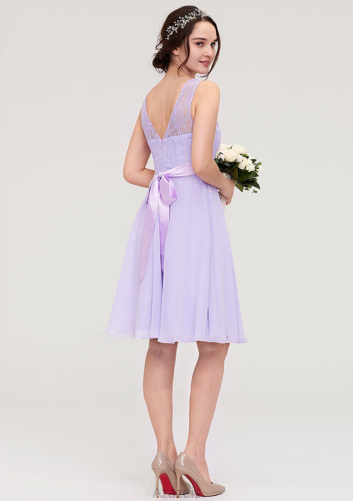 Sleeveless Knee-Length Chiffon A-line/Princess Bridesmaid Dresses With Sashes Lace Cassandra DFP0025481