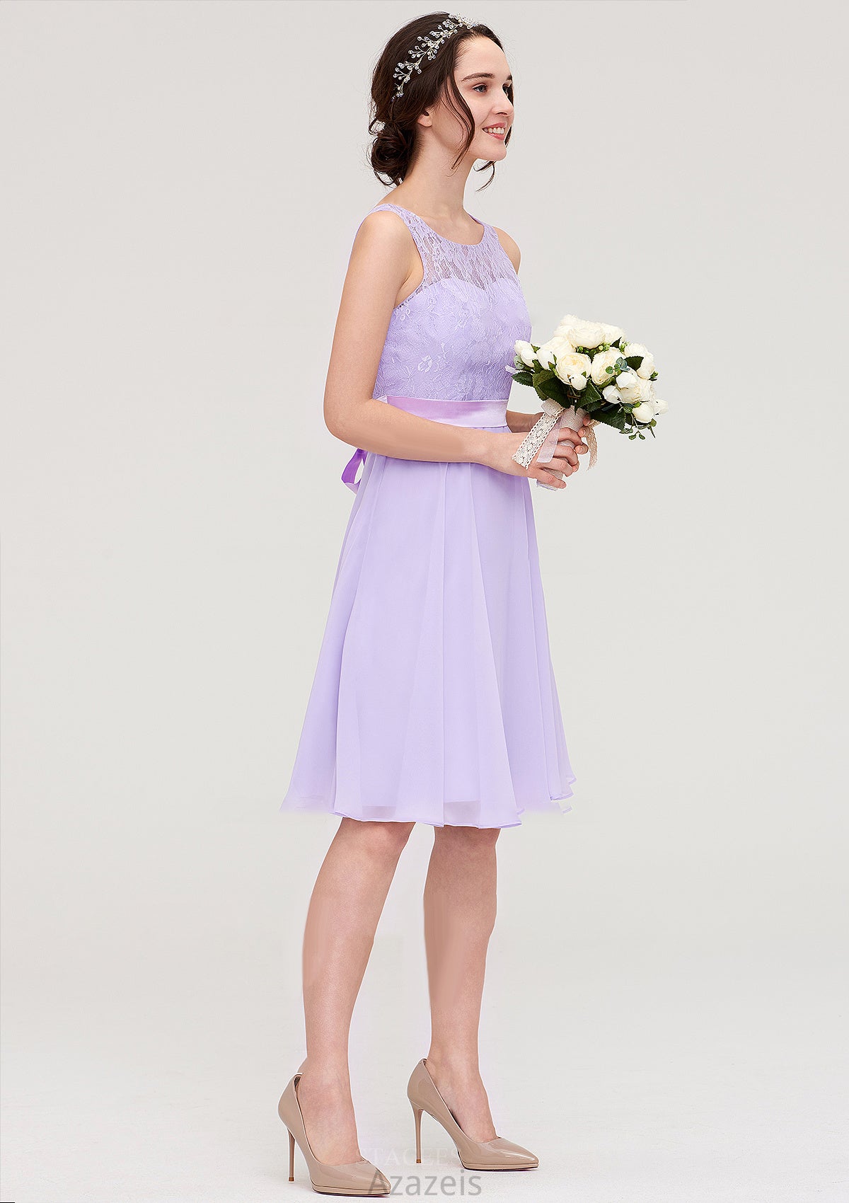 Sleeveless Knee-Length Chiffon A-line/Princess Bridesmaid Dresses With Sashes Lace Cassandra DFP0025481