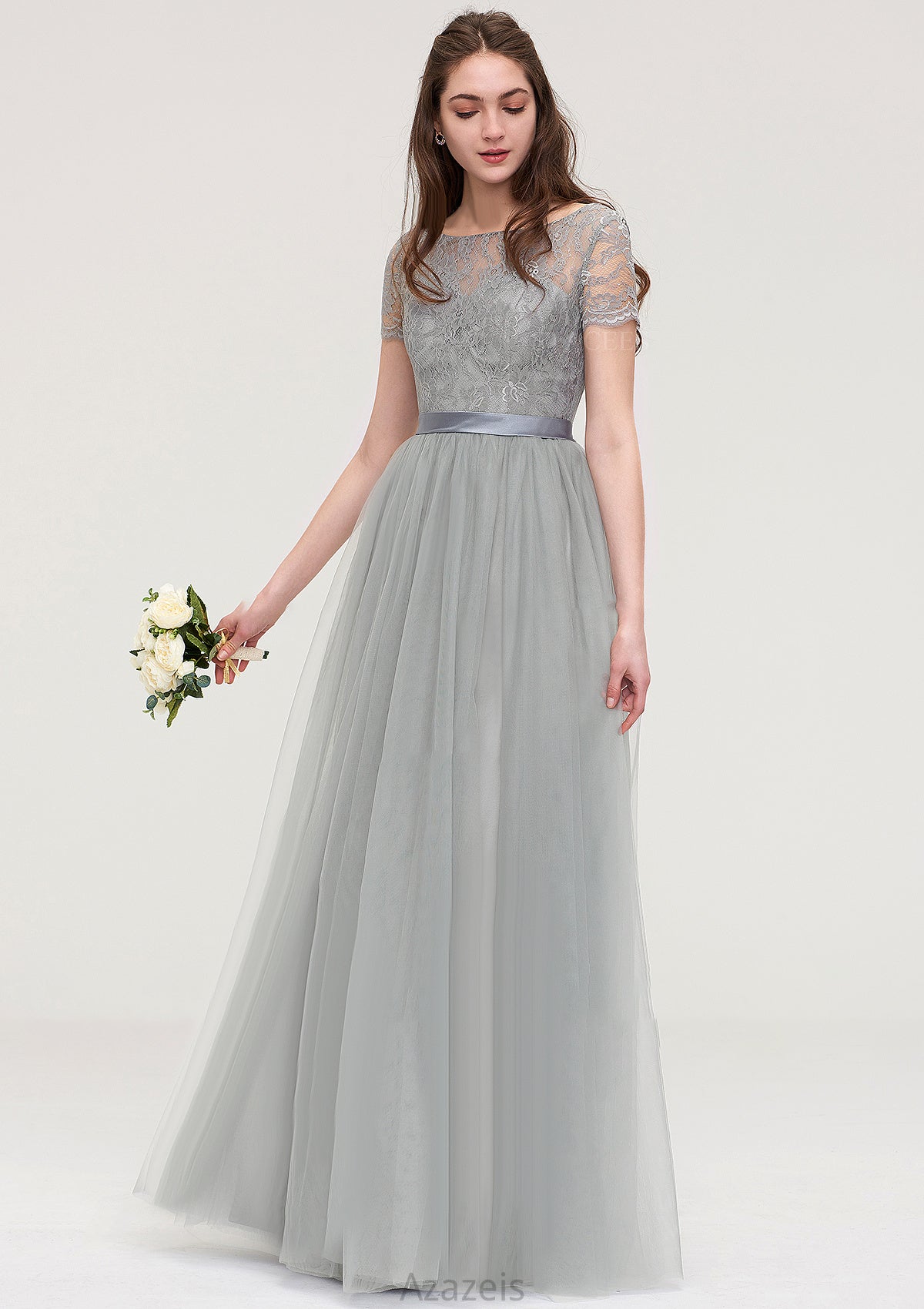 Bateau Short Sleeve Long/Floor-Length Tulle A-line/Princess Bridesmaid Dresses With Sashes Lace Dalia DFP0025482