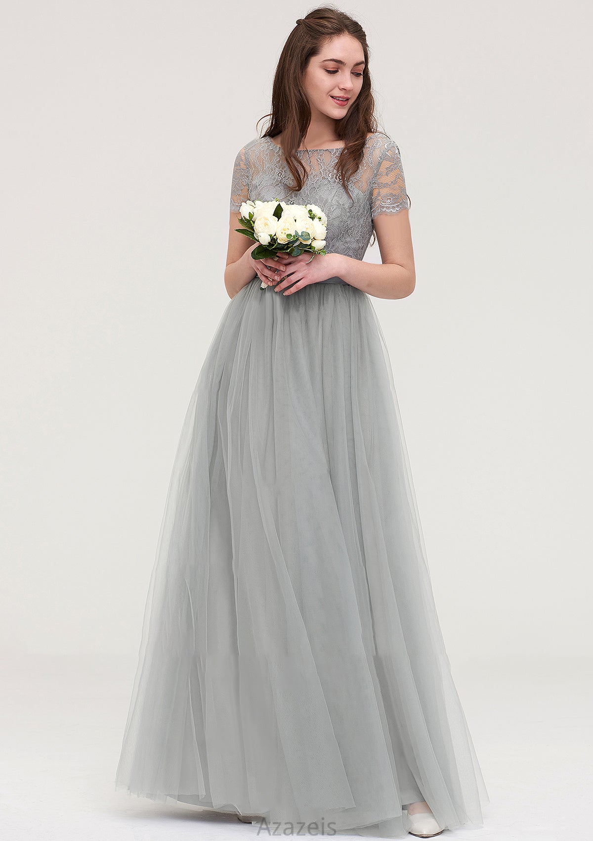 Bateau Short Sleeve Long/Floor-Length Tulle A-line/Princess Bridesmaid Dresses With Sashes Lace Dalia DFP0025482