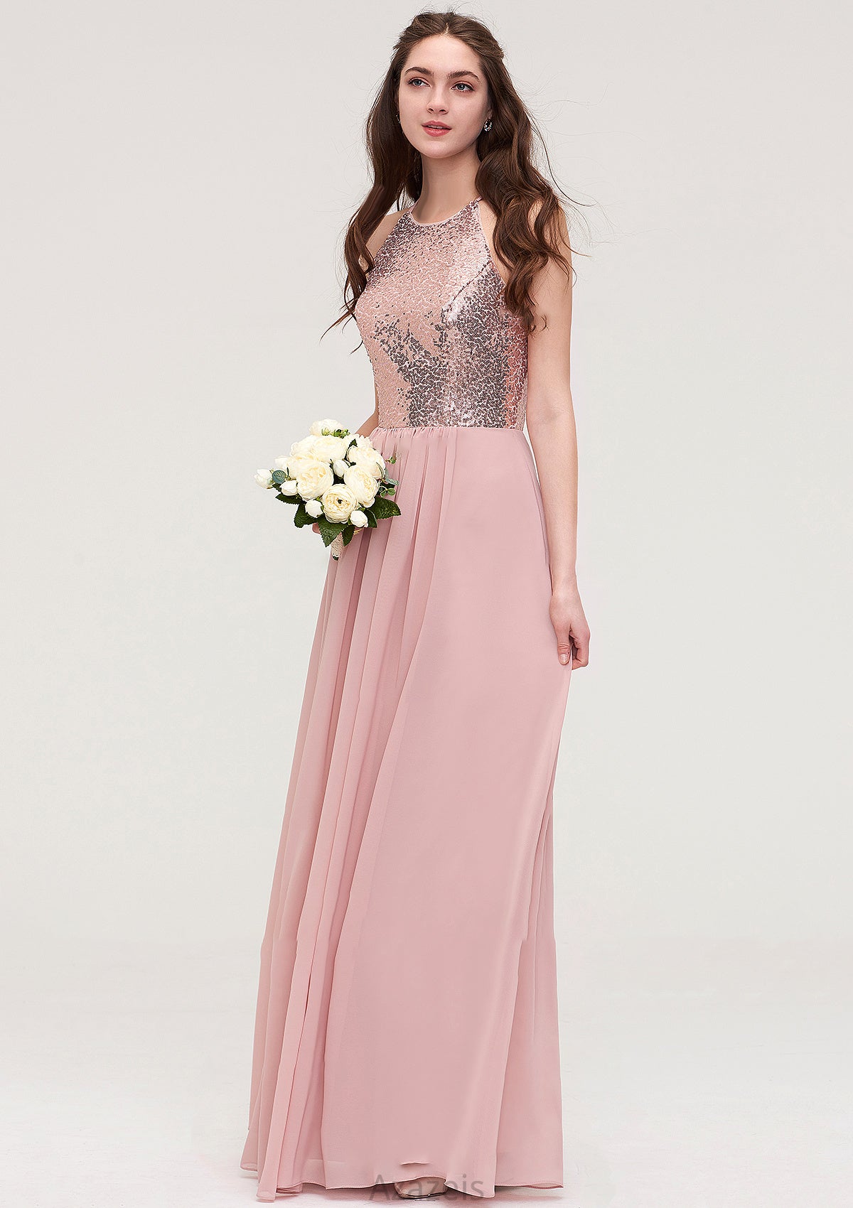 Sleeveless Bateau Long/Floor-Length Chiffon A-line/Princess Bridesmaid Dresses With Sequins Hallie DFP0025484