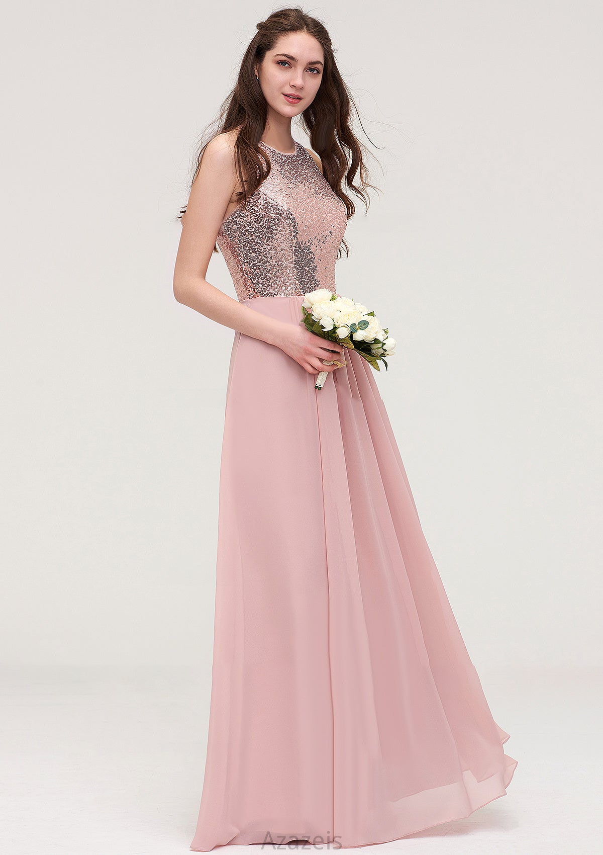 Sleeveless Bateau Long/Floor-Length Chiffon A-line/Princess Bridesmaid Dresses With Sequins Hallie DFP0025484