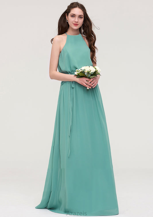High-Neck Sleeveless Long/Floor-Length Chiffon A-line/Princess Bridesmaid Dresses With Sashes Luna DFP0025485