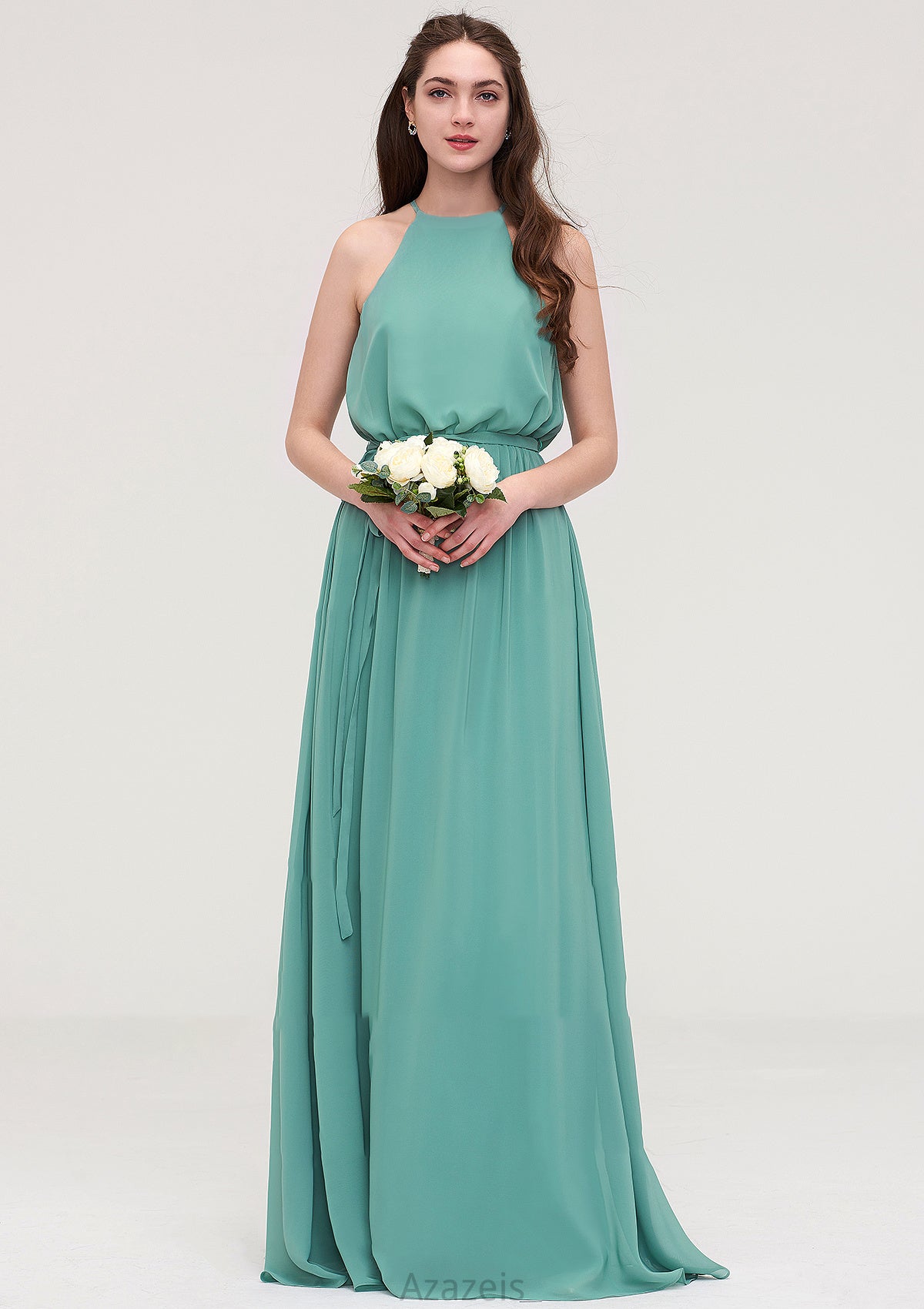 High-Neck Sleeveless Long/Floor-Length Chiffon A-line/Princess Bridesmaid Dresses With Sashes Luna DFP0025485