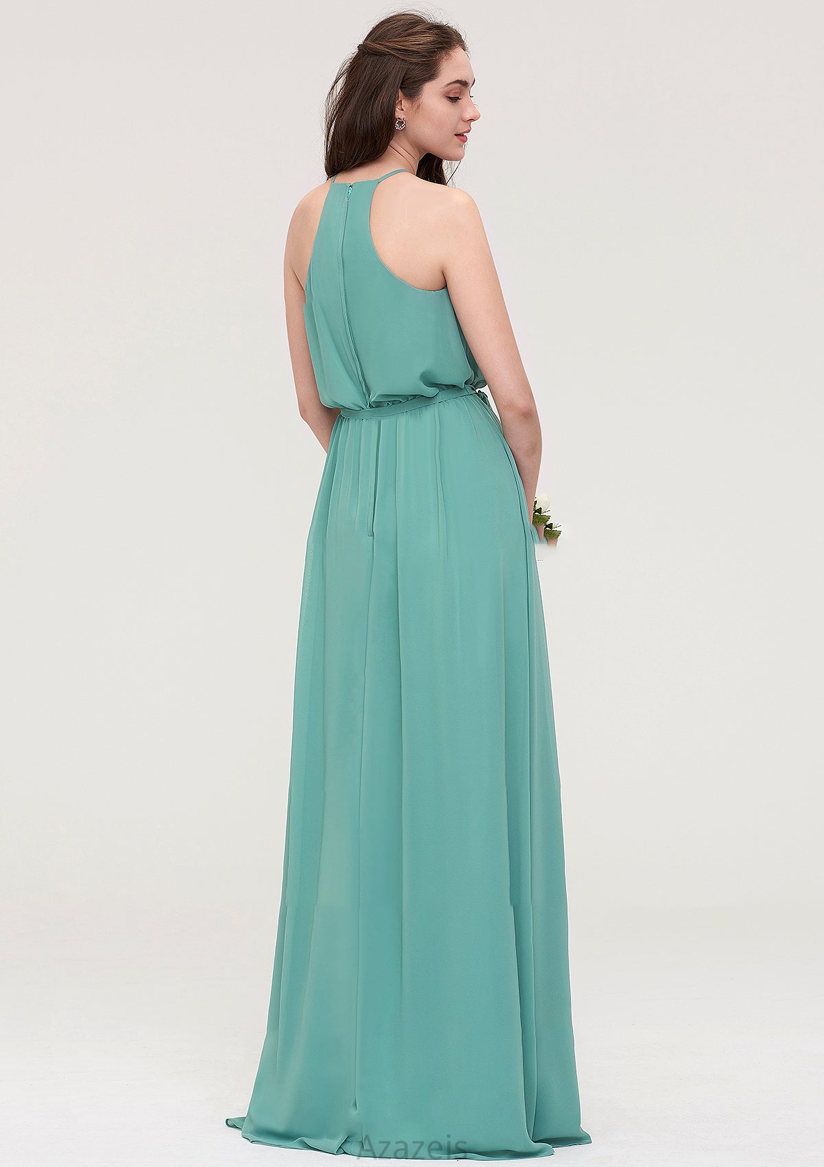 High-Neck Sleeveless Long/Floor-Length Chiffon A-line/Princess Bridesmaid Dresses With Sashes Luna DFP0025485