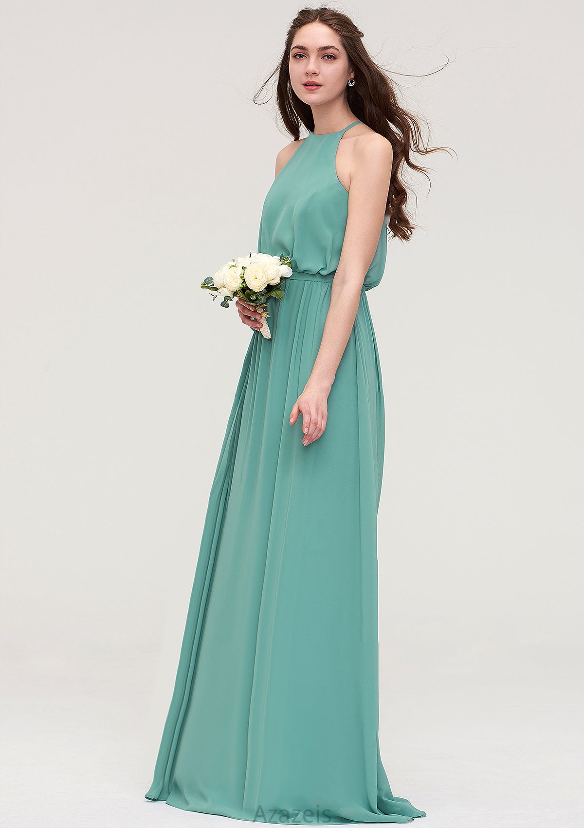 High-Neck Sleeveless Long/Floor-Length Chiffon A-line/Princess Bridesmaid Dresses With Sashes Luna DFP0025485