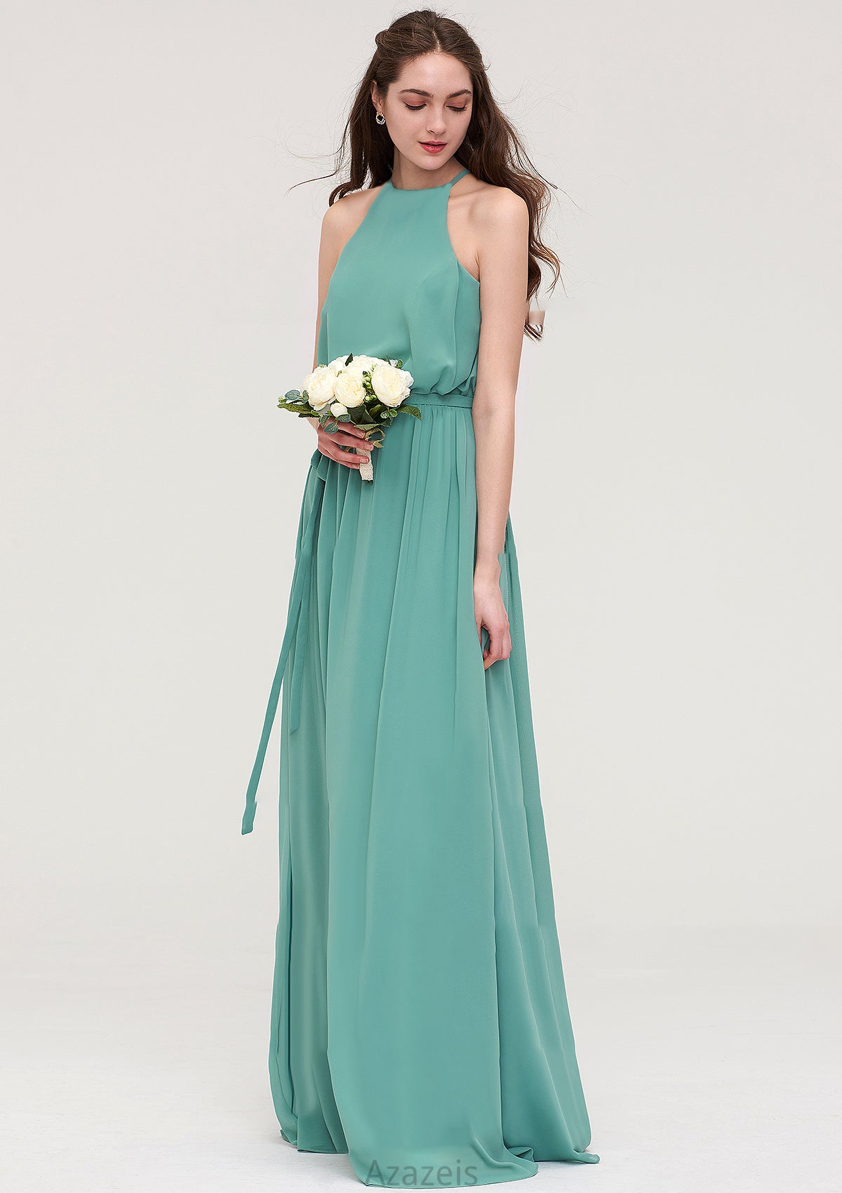 High-Neck Sleeveless Long/Floor-Length Chiffon A-line/Princess Bridesmaid Dresses With Sashes Luna DFP0025485