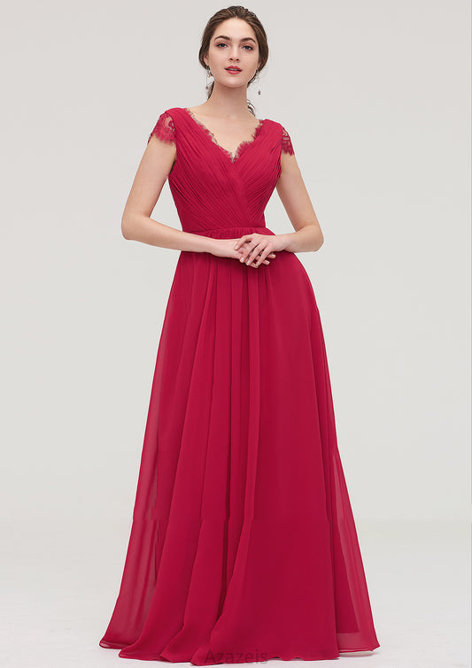 Sleeveless V Neck Long/Floor-Length Chiffon A-line/Princess Bridesmaid Dresses With Lace Pleated Kaleigh DFP0025486