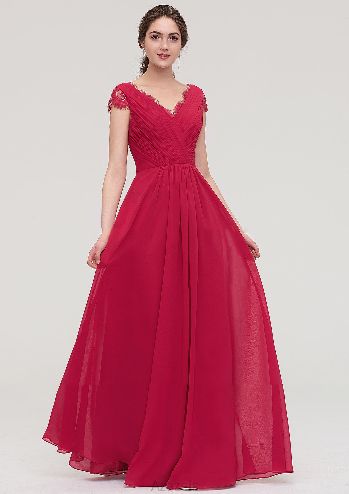 Sleeveless V Neck Long/Floor-Length Chiffon A-line/Princess Bridesmaid Dresses With Lace Pleated Kaleigh DFP0025486