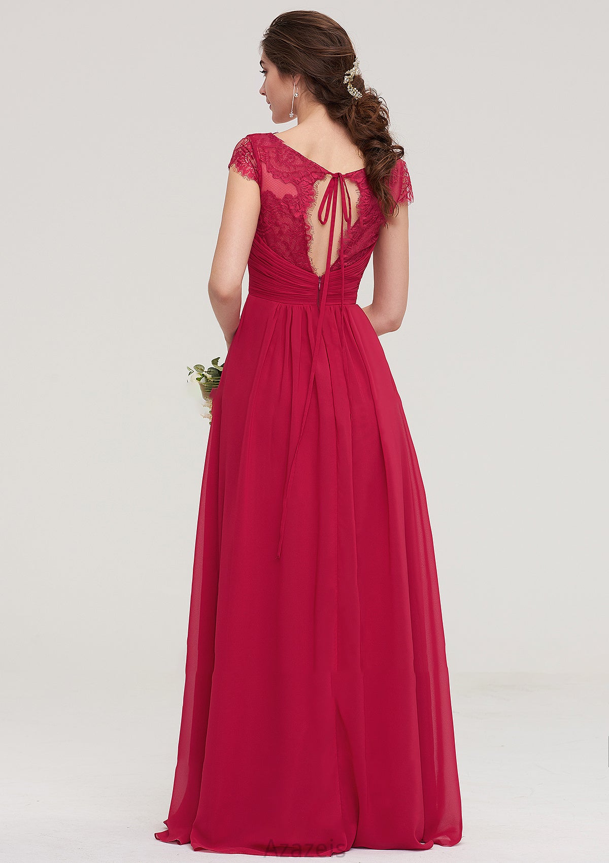 Sleeveless V Neck Long/Floor-Length Chiffon A-line/Princess Bridesmaid Dresses With Lace Pleated Kaleigh DFP0025486