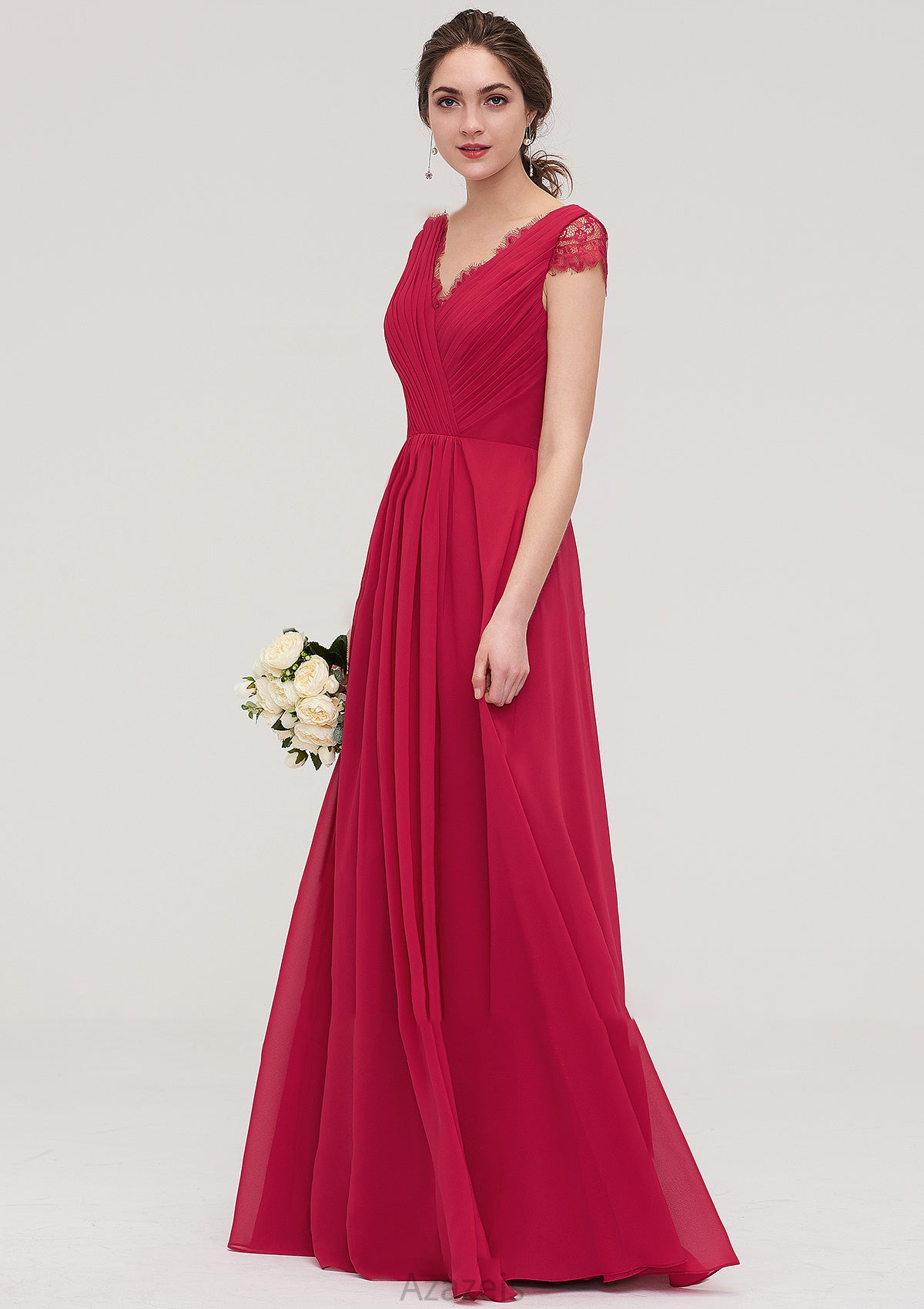 Sleeveless V Neck Long/Floor-Length Chiffon A-line/Princess Bridesmaid Dresses With Lace Pleated Kaleigh DFP0025486