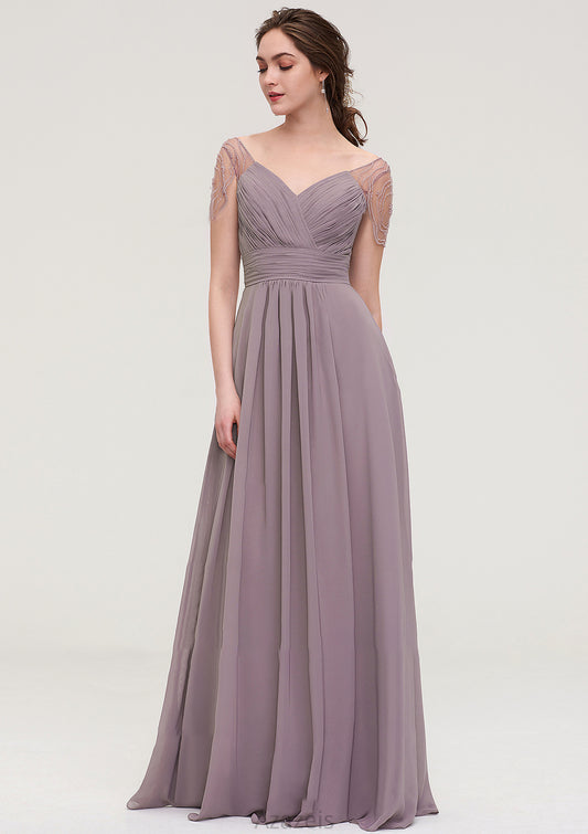 Short Sleeve Sweetheart Long/Floor-Length Chiffon A-line/Princess Bridesmaid Dresses With Pleated Beading Maggie DFP0025487