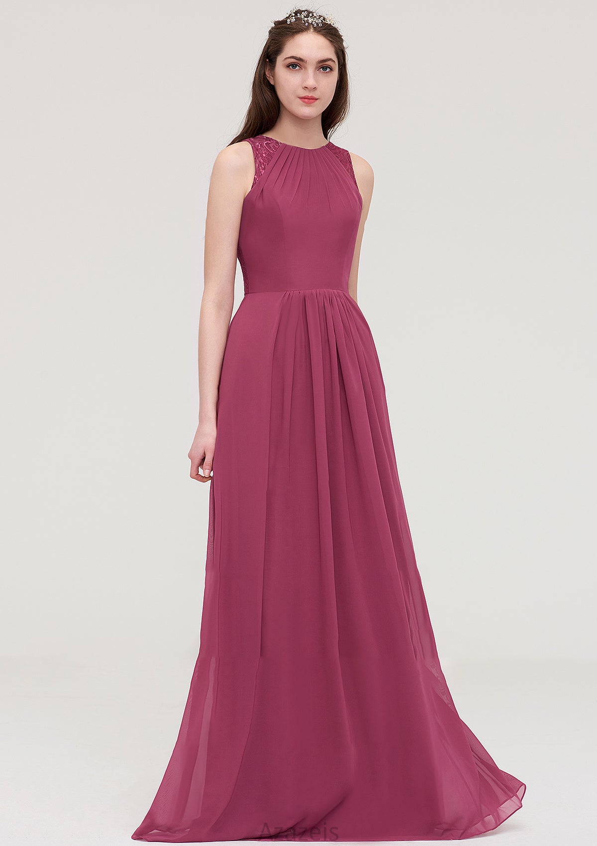 Bateau Sleeveless Long/Floor-Length Chiffon A-line/Princess Bridesmaid Dresses With Lace Pleated Allyson DFP0025488