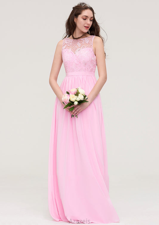 Bateau Sleeveless Long/Floor-Length Chiffon A-line/Princess Bridesmaid Dresses With Lace Zoey DFP0025489