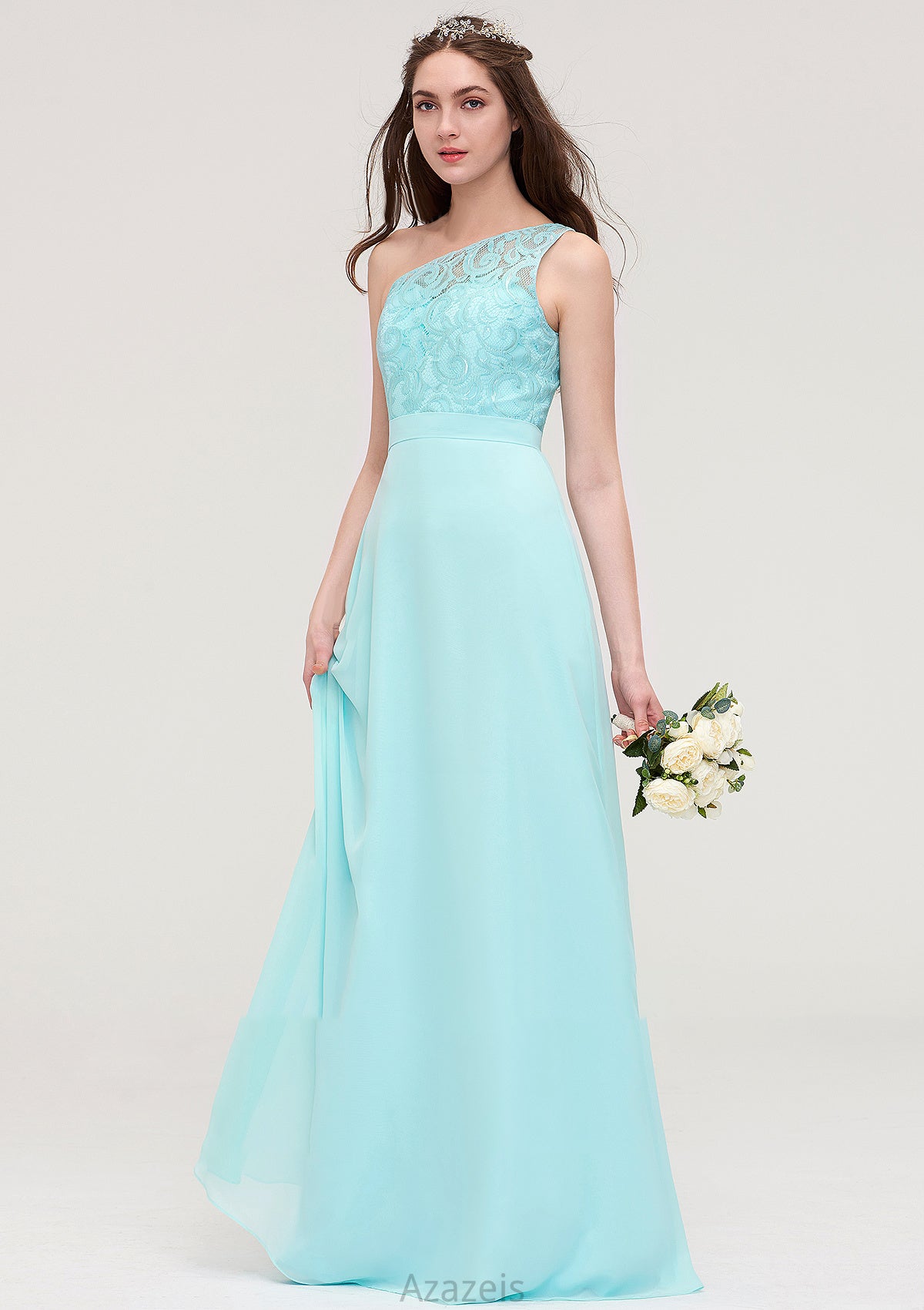 One-Shoulder Sleeveless Long/Floor-Length Chiffon A-line/Princess Bridesmaid Dresses With Lace Heaven DFP0025491