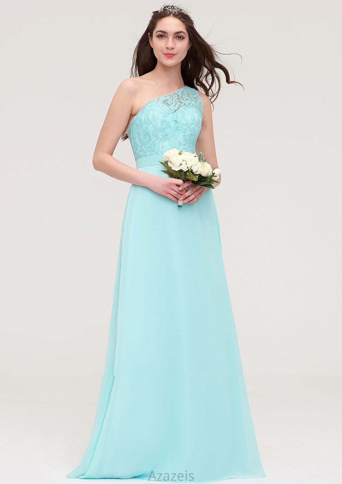 One-Shoulder Sleeveless Long/Floor-Length Chiffon A-line/Princess Bridesmaid Dresses With Lace Heaven DFP0025491