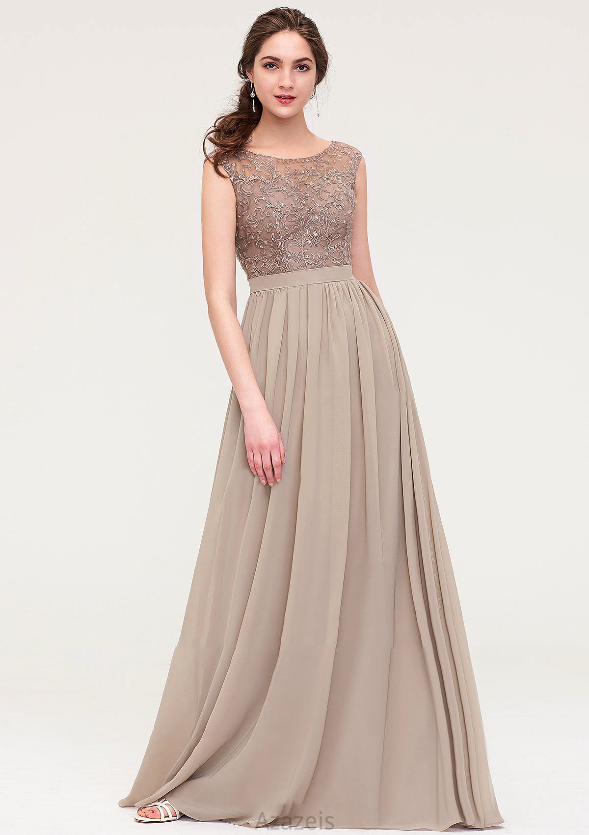 Sleeveless Scoop Neck Long/Floor-Length Chiffon A-line/Princess Bridesmaid Dresses With Sequins Beading Lace Pleated Evelin DFP0025493