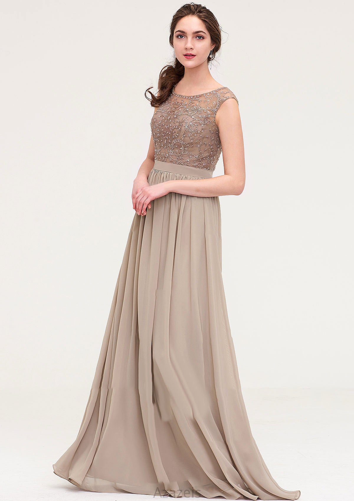Sleeveless Scoop Neck Long/Floor-Length Chiffon A-line/Princess Bridesmaid Dresses With Sequins Beading Lace Pleated Evelin DFP0025493