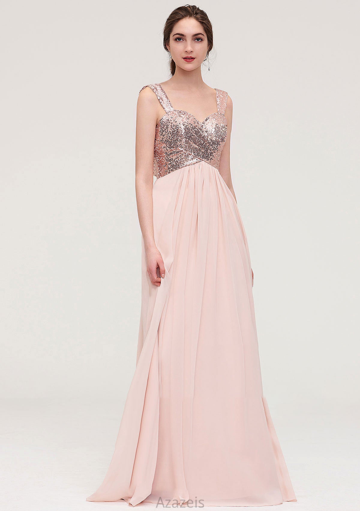 Sleeveless Long/Floor-Length Sweetheart A-line/Princess Chiffon Bridesmaid Dresses With Pleated Sequins Keira DFP0025494