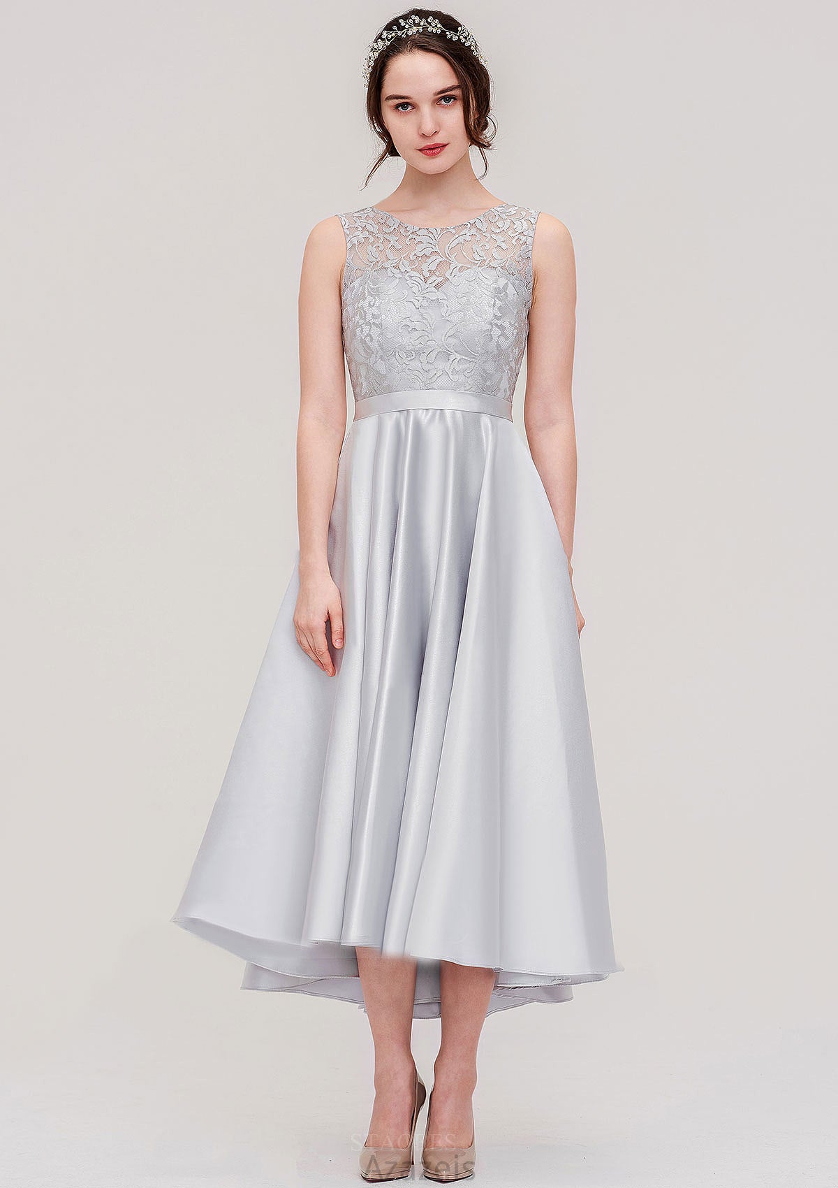 Bateau Sleeveless Tea-Length Satin A-line/Princess Bridesmaid Dresses With Sashes Lace Anabelle DFP0025495
