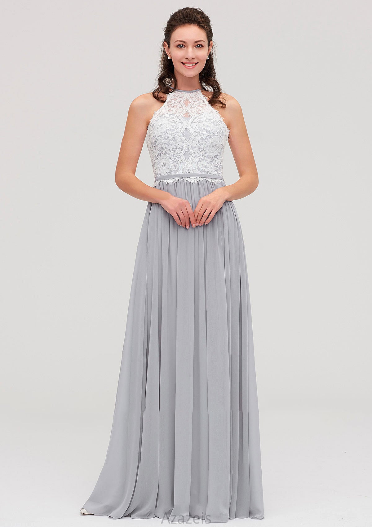 Sleeveless Scoop Neck A-line/Princess Chiffon Long/Floor-Length Bridesmaid Dresseses With Lace Avah DFP0025497